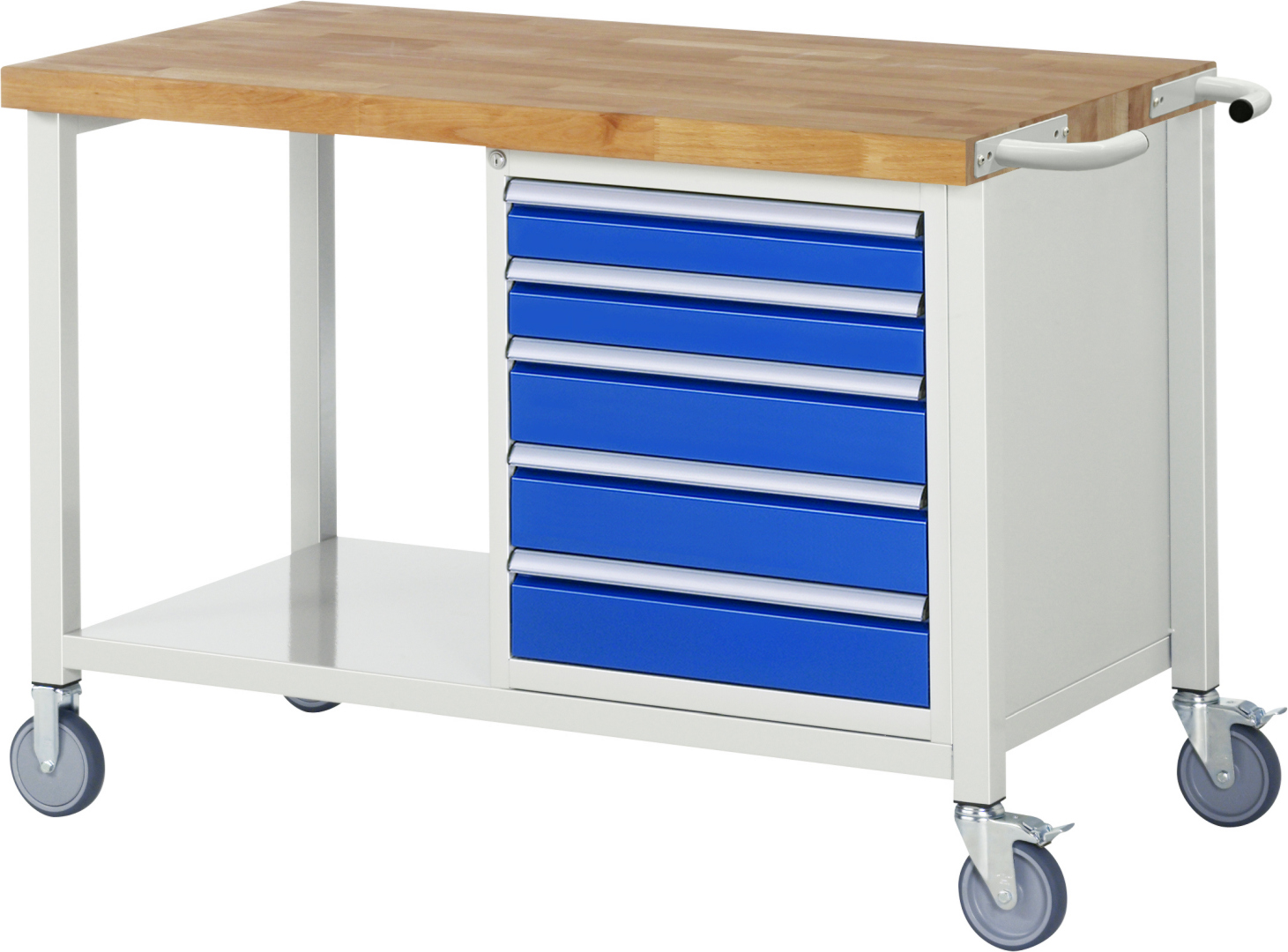 Fahrbare Werkbank Modell 8171 rot - schwarz, BxTxH 1250x700x880-1080 mm,  Buche-Massiv Arbeitsplatte 40 mm,  5 Schubladen mit  Vollauszug 100 % und  SoftClosing