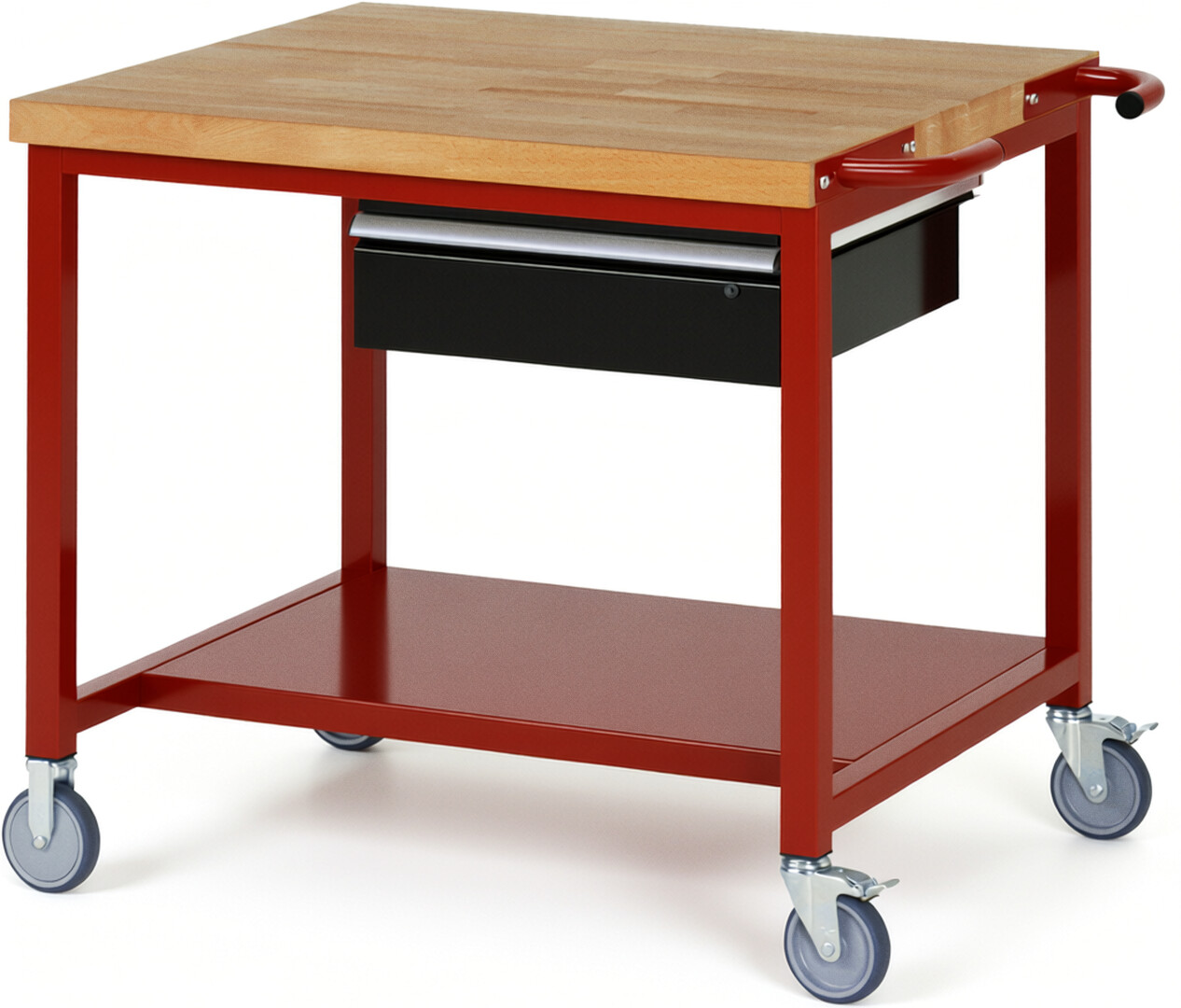 Fahrbare Werkbank Modell 8001 rot - schwarz, BxTxH 1000x900x880 mm,  Buche-Massiv Arbeitsplatte 40 mm,  1 Schublade mit  Auszug 90 %