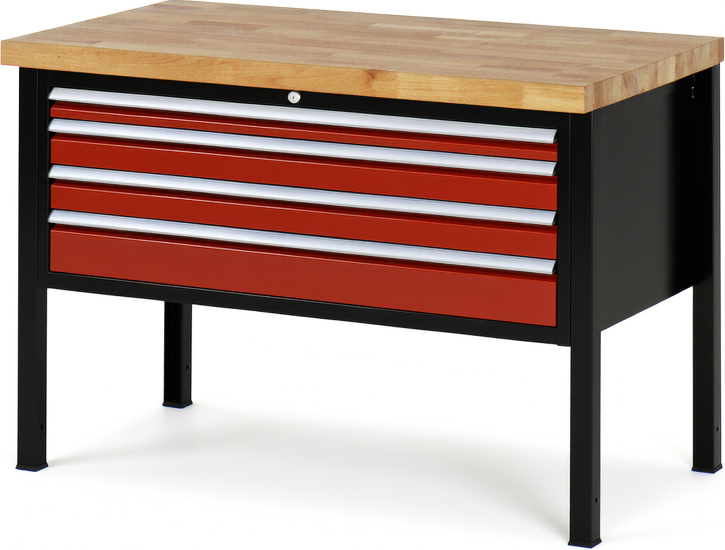 RAU Werkbank schwarz - rot - Breite 125 cm - Tiefe 70 cm - Höhe 104 cm - Buche-Massiv Arbeitsplatte 40 mm