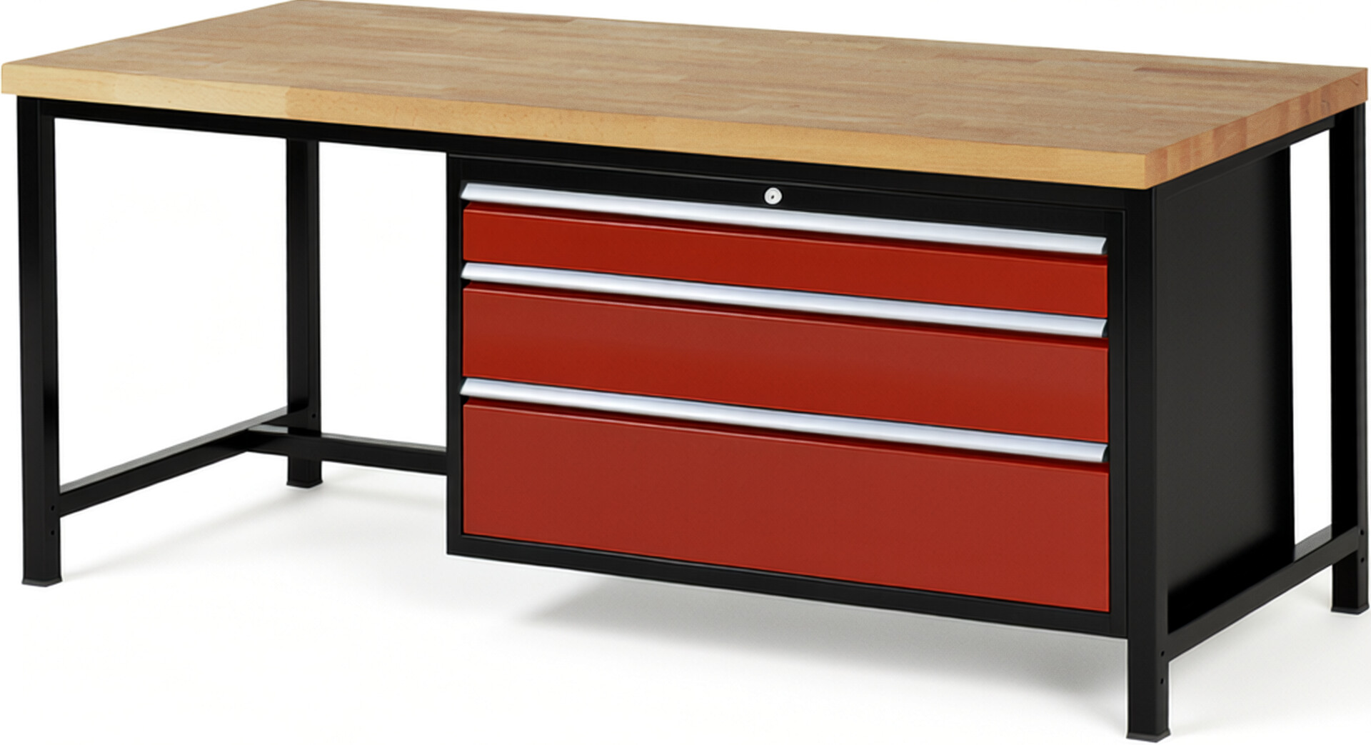 RAU Werkbank schwarz - rot - Breite 200 cm - Tiefe 90 cm - Höhe 84 cm - Buche-Massiv Arbeitsplatte 40 mm