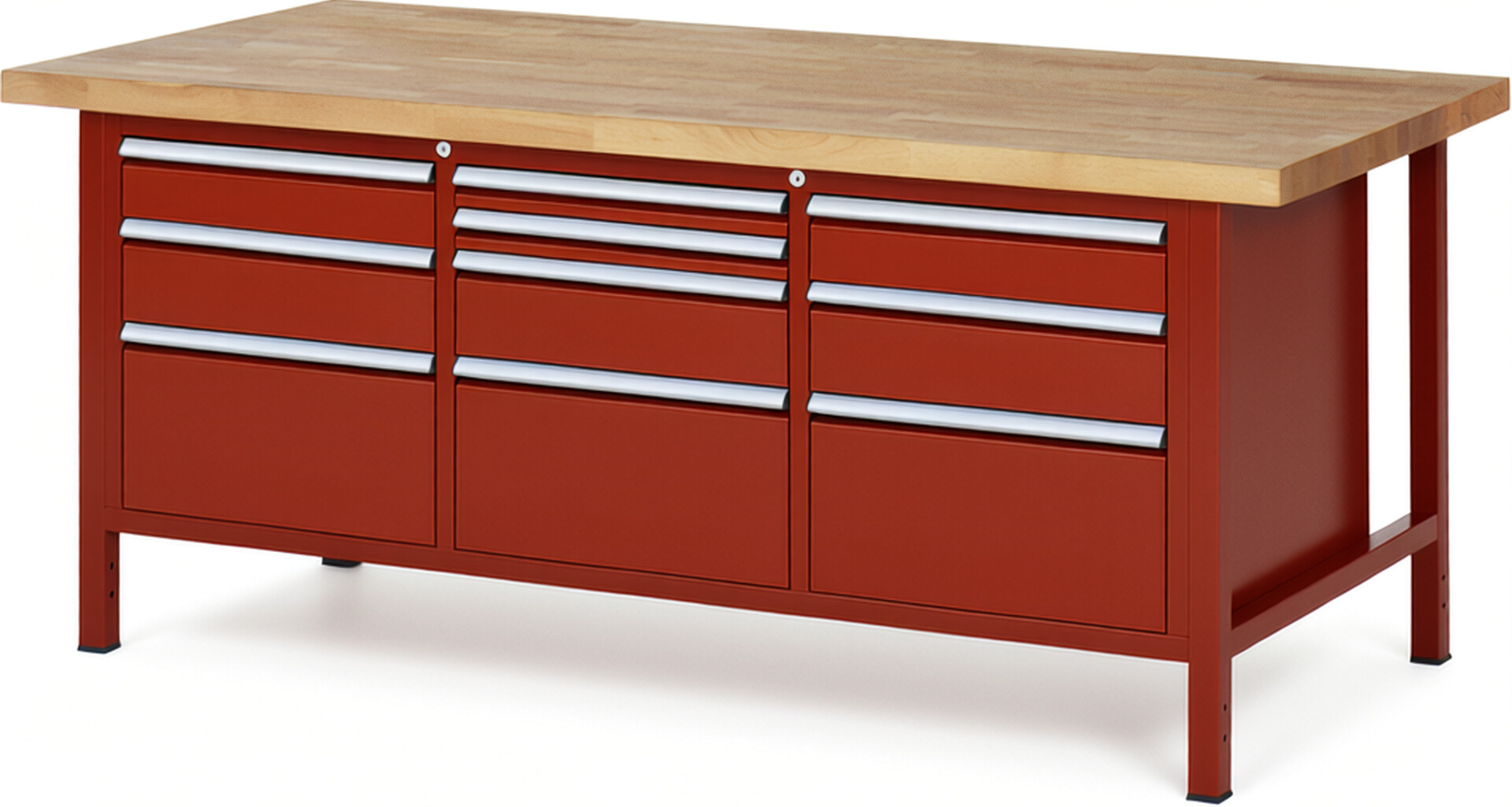 Werkbank Modell 8576 rot, BxTxH 2000x900x840-1040 mm,  Buche-Massiv Arbeitsplatte 40 mm,  10 Schubladen mit  Auszug 90 %