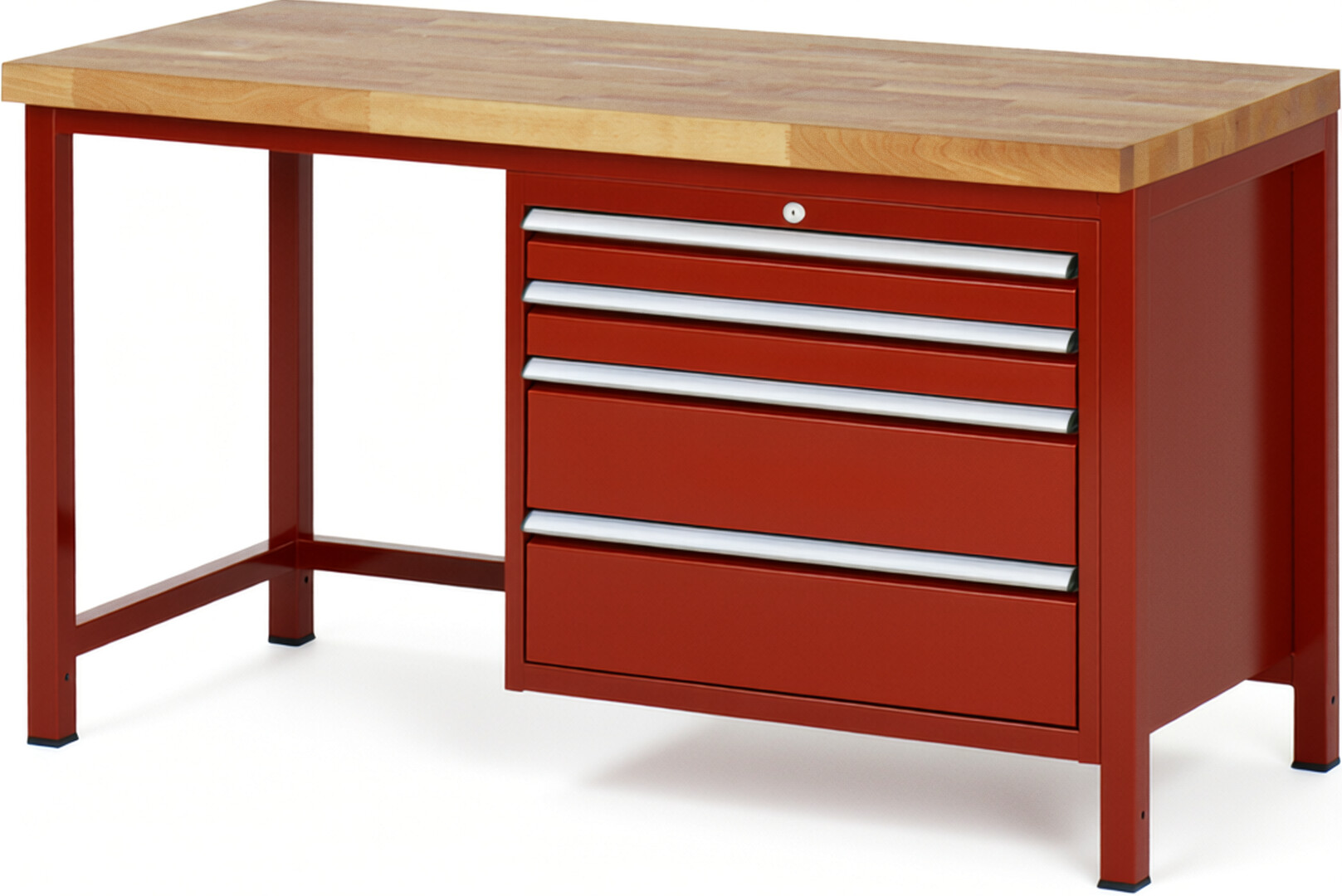Werkbank Modell 8261 rot, BxTxH 1500x700x840 mm,  Buche-Massiv Arbeitsplatte 40 mm,  4 Schubladen mit  Vollauszug 100 % und  SoftClosing