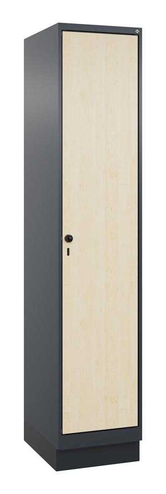 Garderobenschrank, Sockel, 1 Abt., Abt.B 400 mm, BxTxH 400x500x1950 mm, HPL-Dekorfront, RAL 7016/Dekor Ahorn