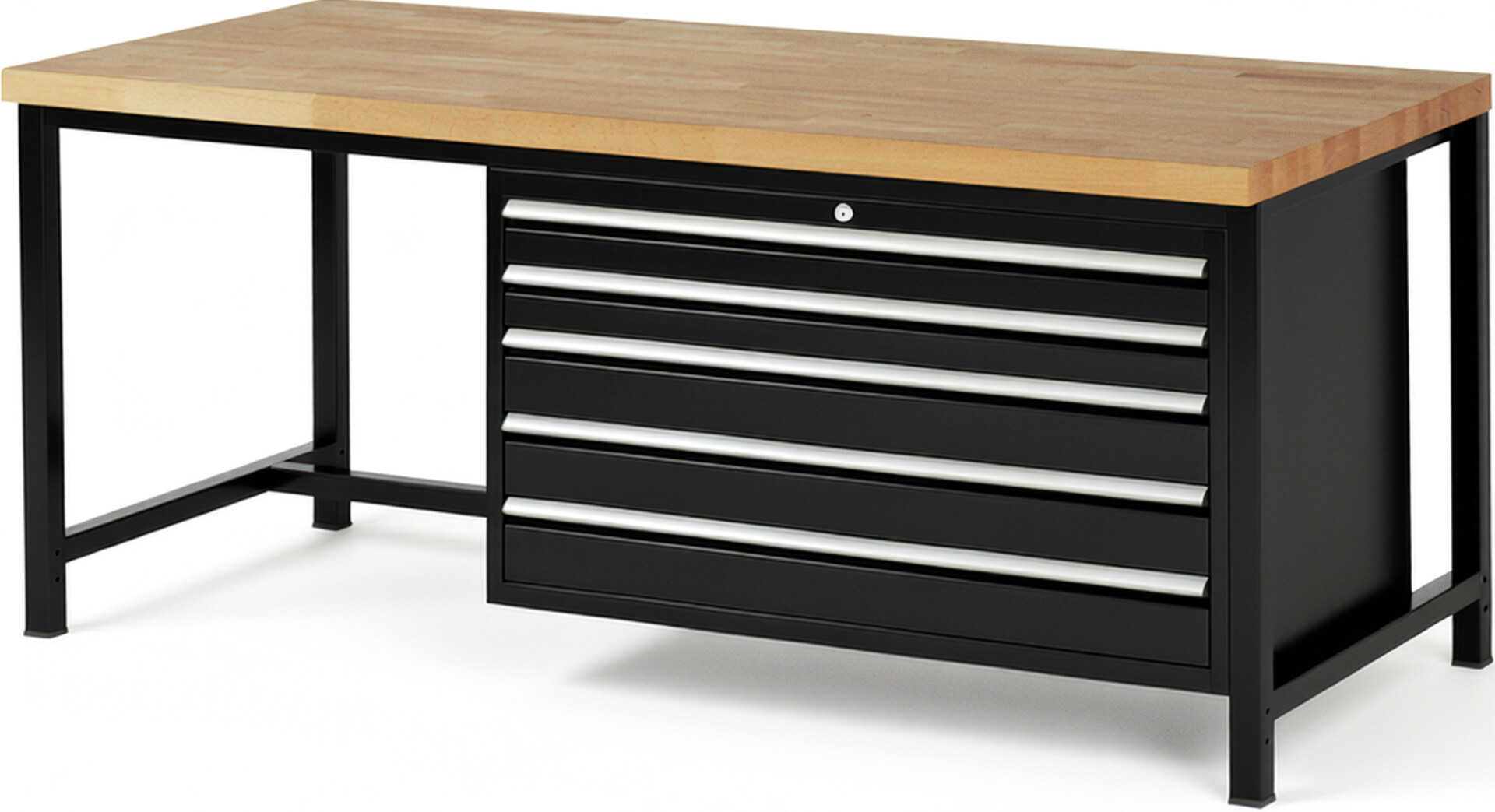 Werkbank Modell 8371 schwarz, BxTxH 2000x900x840 mm,  Buche-Massiv Arbeitsplatte 40 mm,  5 Schubladen mit  Auszug 90 %