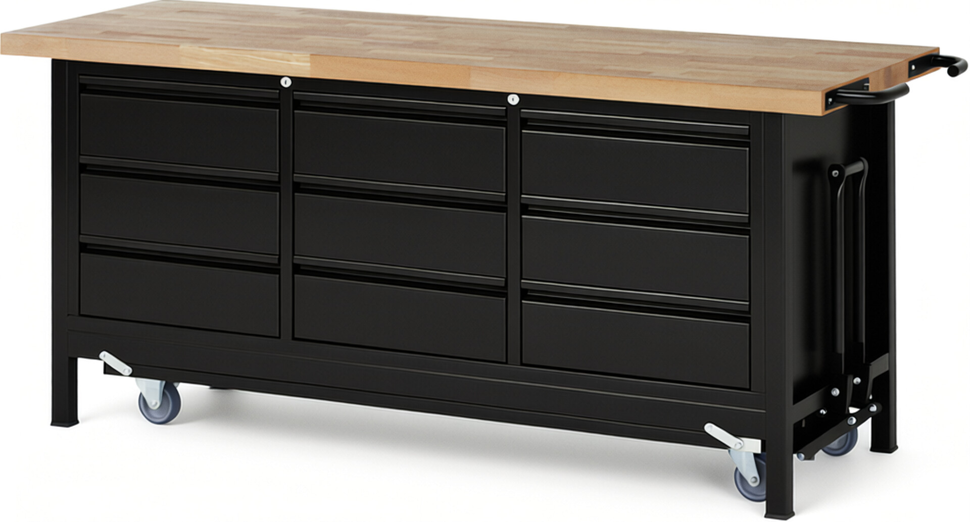 Absenkbare Werkbank - Modell 8574 BASIC schwarz, BxTxH 2000x700x880 mm,  Buche-Massiv Arbeitsplatte 40 mm,  9 Schubladen mit  Auszug 90 %