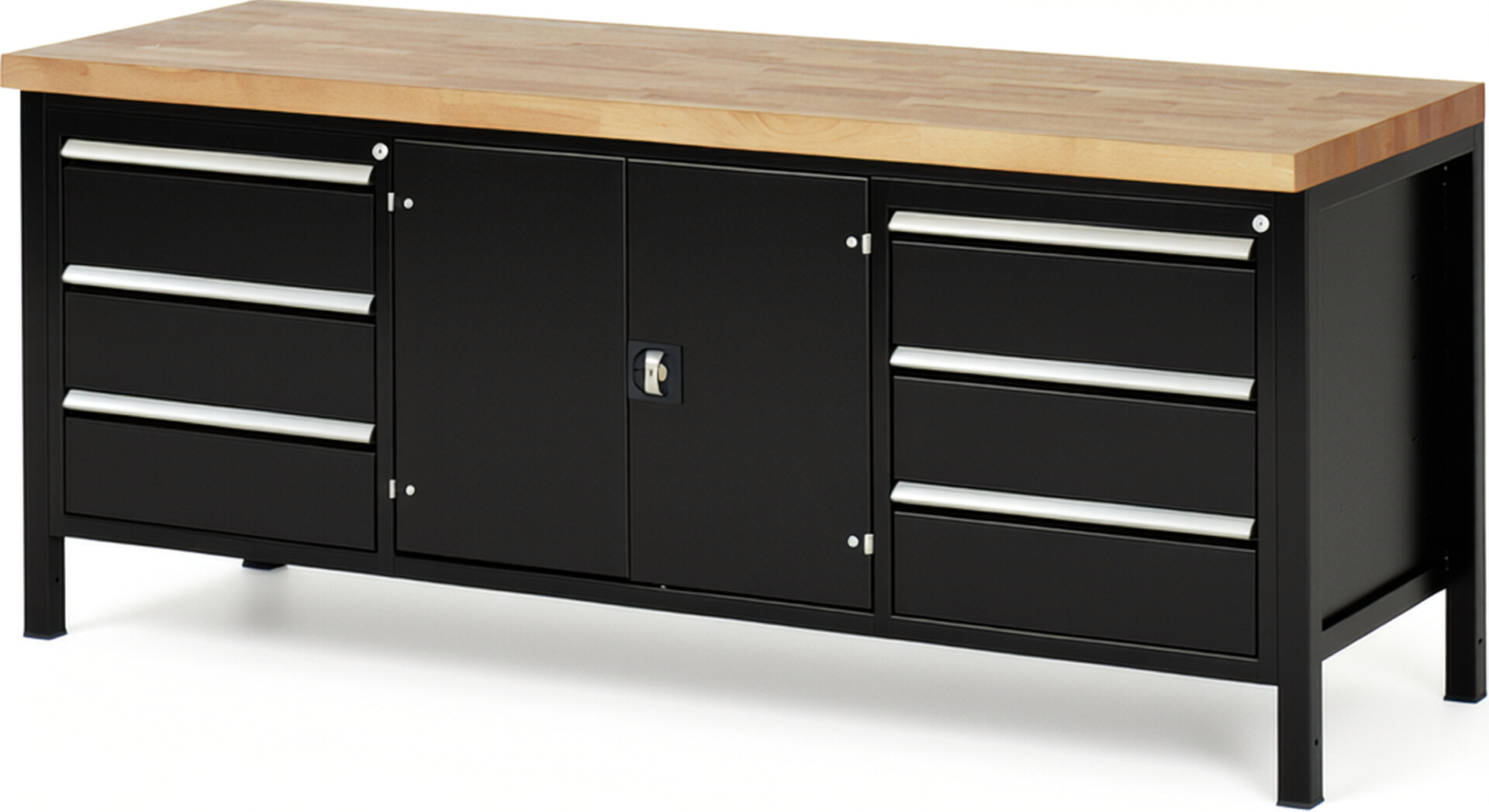 Werkbank Modell 8907 schwarz, BxTxH 2000x700x840 mm,  Buche-Massiv Arbeitsplatte 40 mm,  6 Schubladen mit  Auszug 90 %