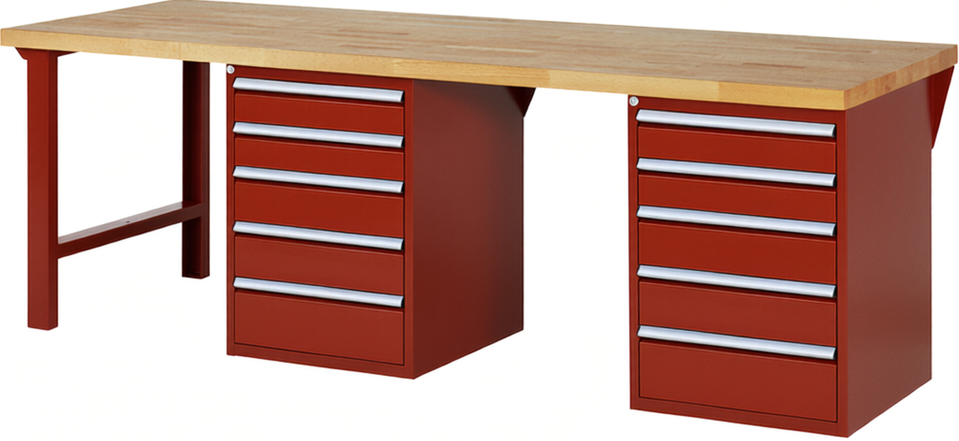 Werkbank Modell 7513 rot, BxTxH 2500x900x840 mm,  Buche-Massiv Arbeitsplatte 40 mm,  10 Schubladen mit  Auszug 90 %