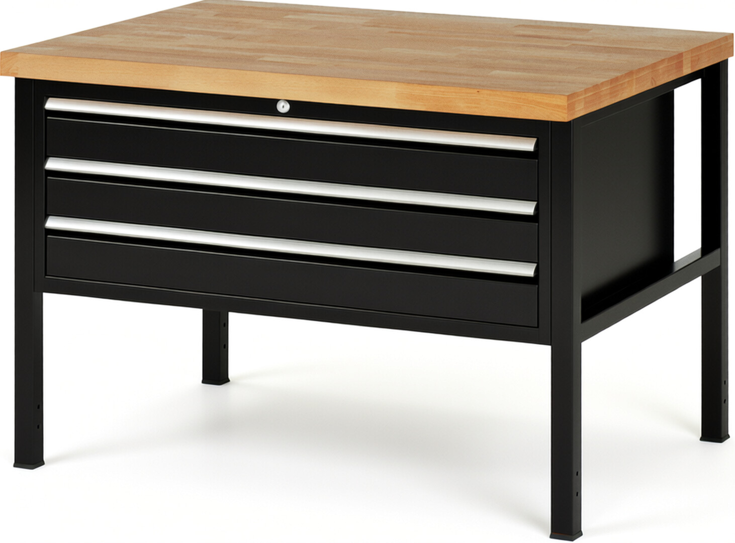 Werkbank Modell 8327 schwarz, BxTxH 1250x900x840 mm,  Buche-Massiv Arbeitsplatte 40 mm,  3 Schubladen mit  Vollauszug 100 % und  SoftClosing
