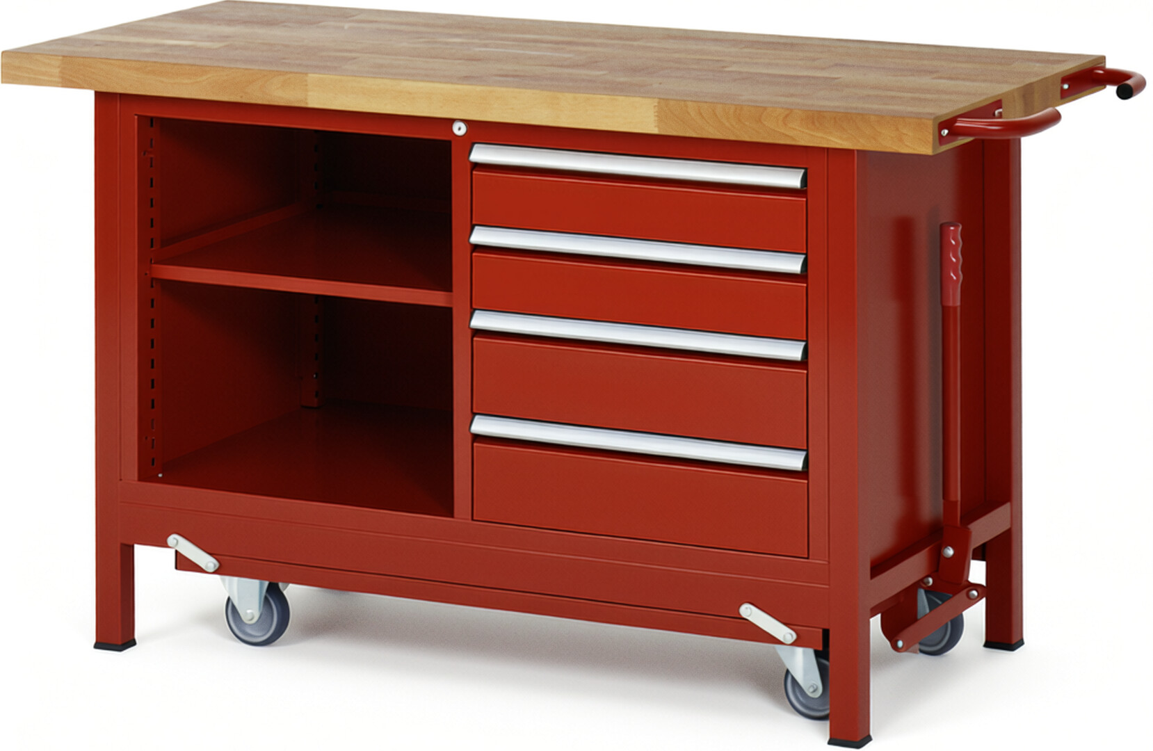 Absenkbare Werkbank Modell 8463 rot, BxTxH 1500x700x880 mm,  Buche-Massiv Arbeitsplatte 40 mm,  4 Schubladen mit  Vollauszug 100 % und  SoftClosing