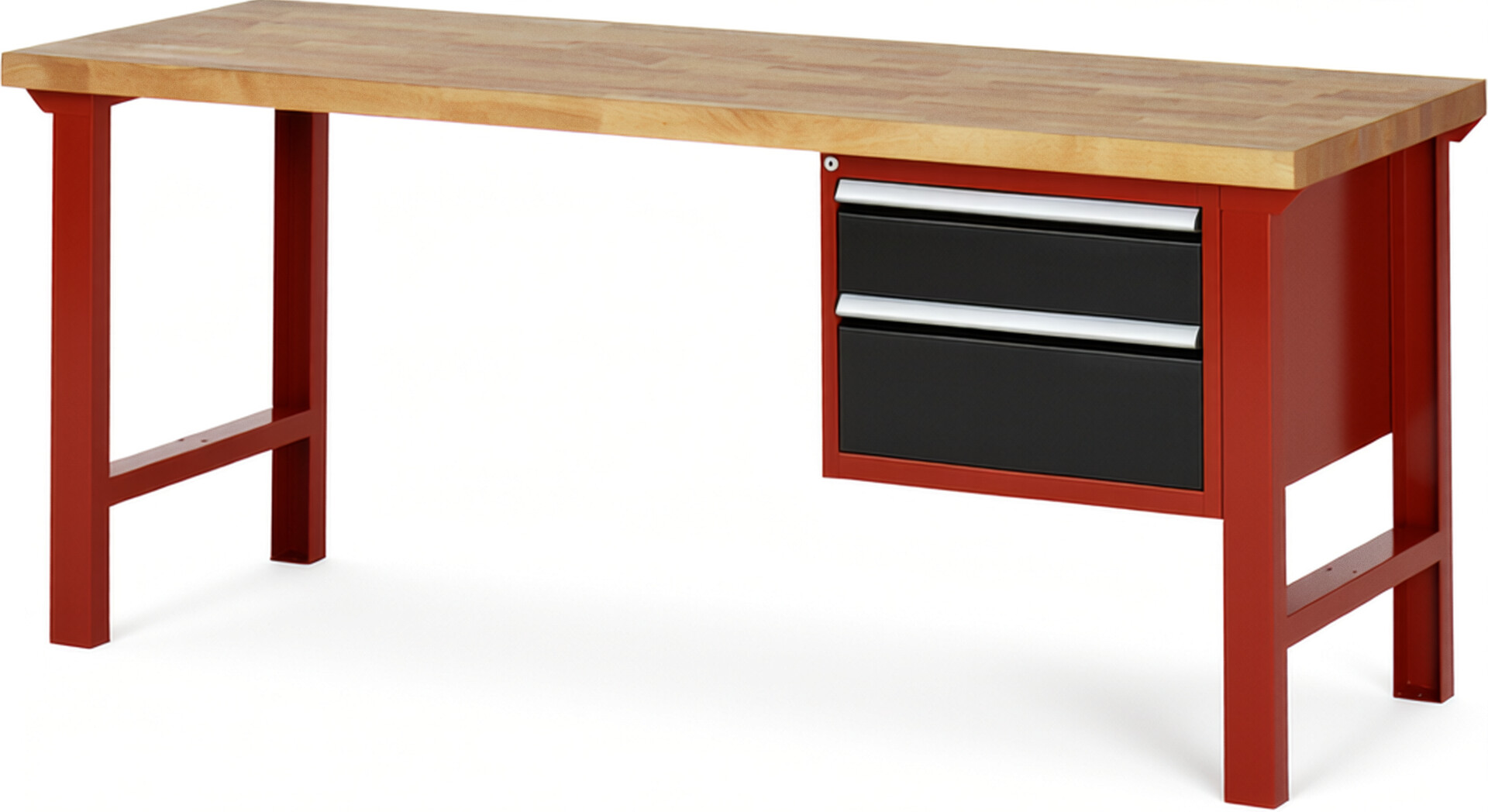 Werkbank Modell 7123 rot - schwarz, BxTxH 2000x700x840 mm,  Buche-Massiv Arbeitsplatte 40 mm,  2 Schubladen mit  Vollauszug 100 % und  SoftClosing