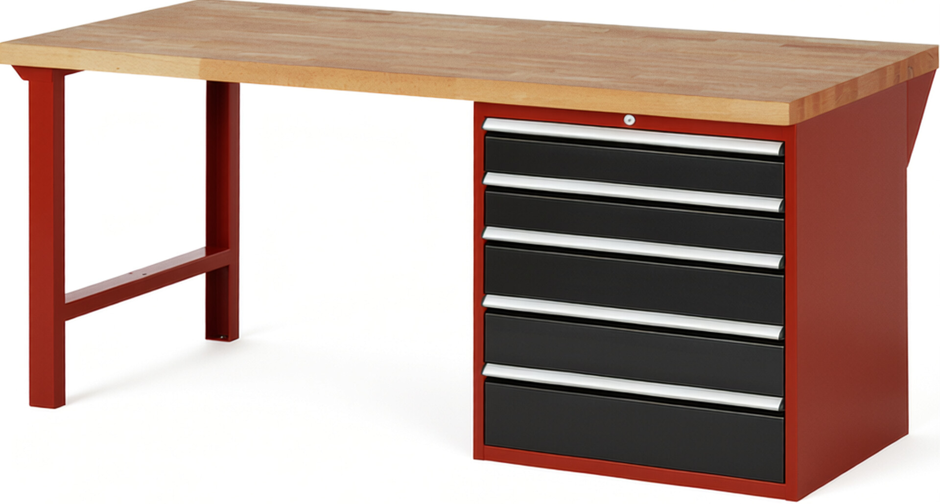 Werkbank Modell 7613 rot - schwarz, BxTxH 2000x900x840 mm,  Buche-Massiv Arbeitsplatte 40 mm,  5 Schubladen mit  Auszug 90 %