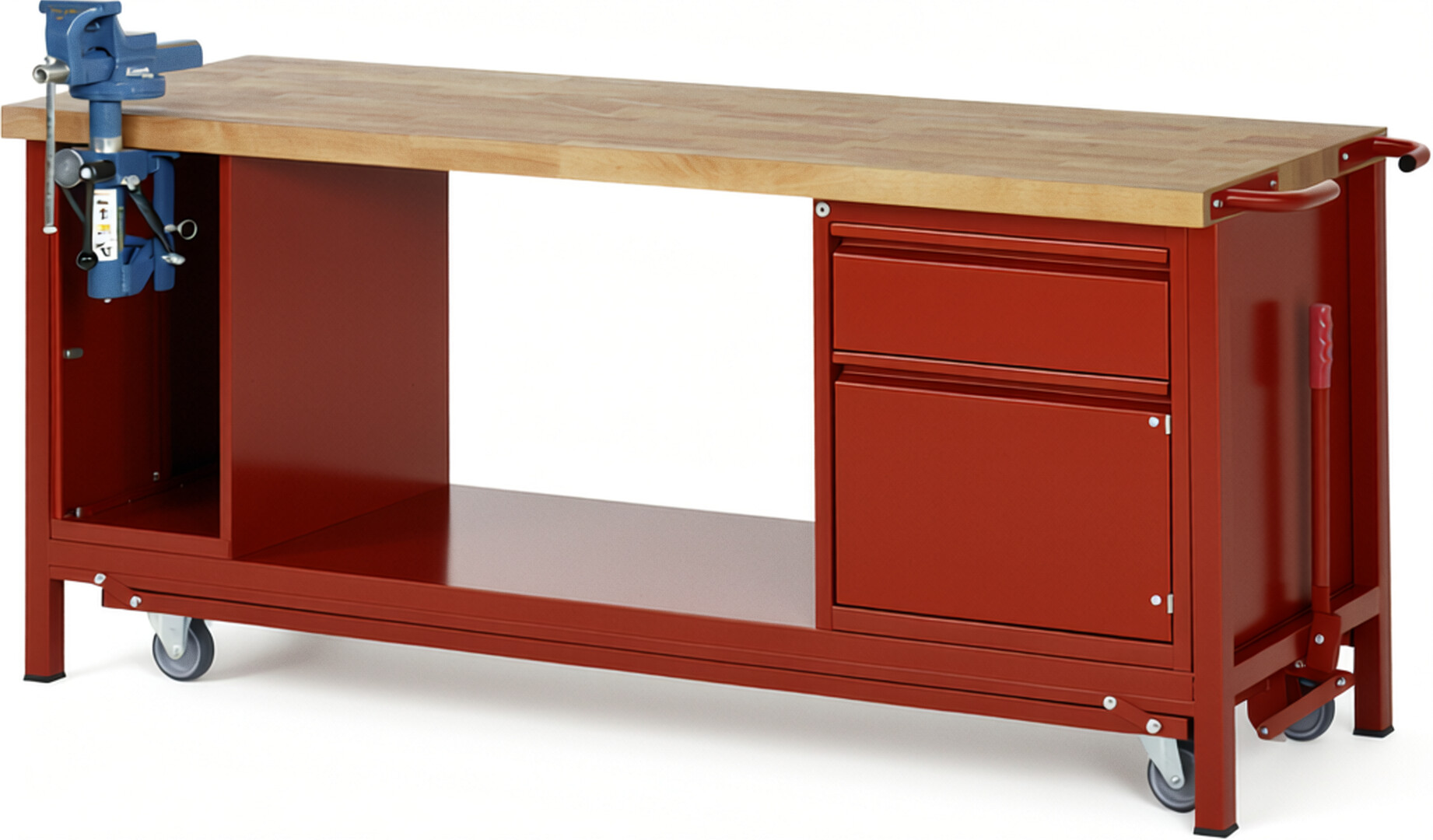 Absenkbare Werkbank - Modell 8181 BASIC rot, BxTxH 2000x700x880 mm,  Buche-Massiv Arbeitsplatte 40 mm,  1 Schublade mit  Auszug 90 %
