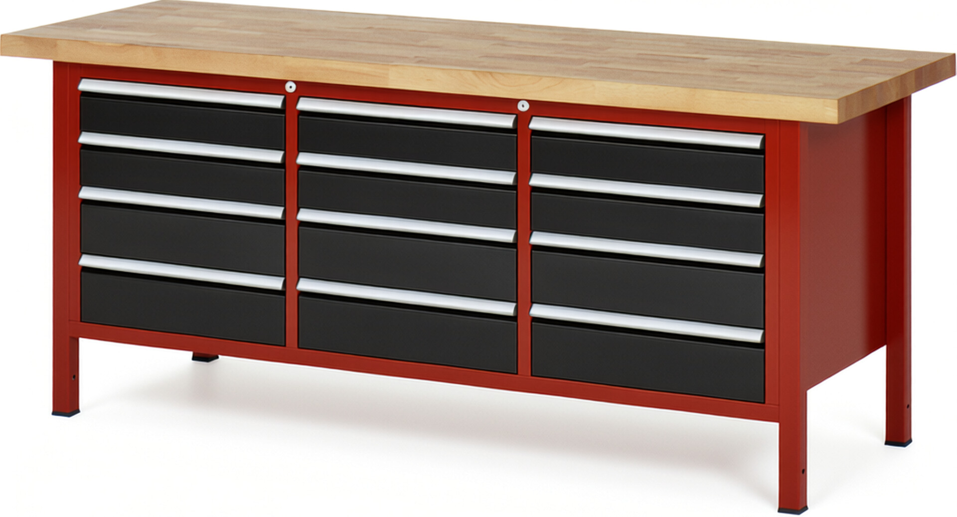 Werkbank Modell 8579 rot - schwarz, BxTxH 2000x700x840-1040 mm,  Buche-Massiv Arbeitsplatte 40 mm,  12 Schubladen mit  Auszug 90 %