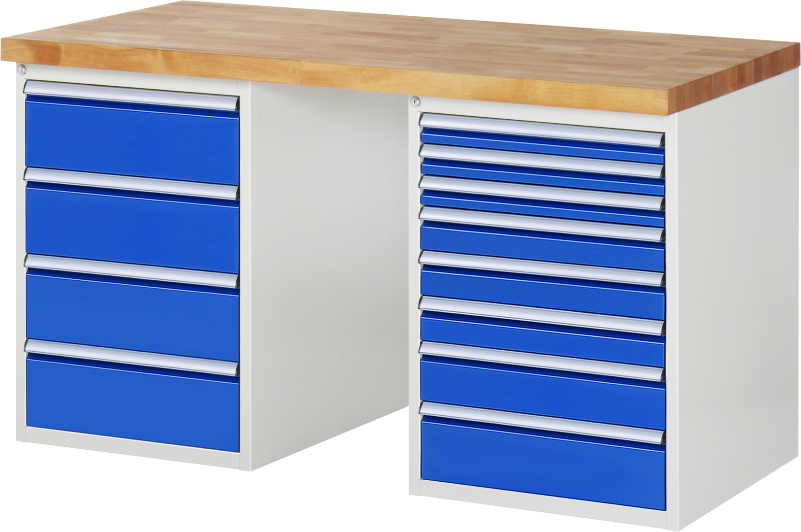 Werkbank Modell 7822 rot - schwarz, BxTxH 1500x700x890 mm,  Buche-Massiv Arbeitsplatte 40 mm,  12 Schubladen mit  Auszug 90 %