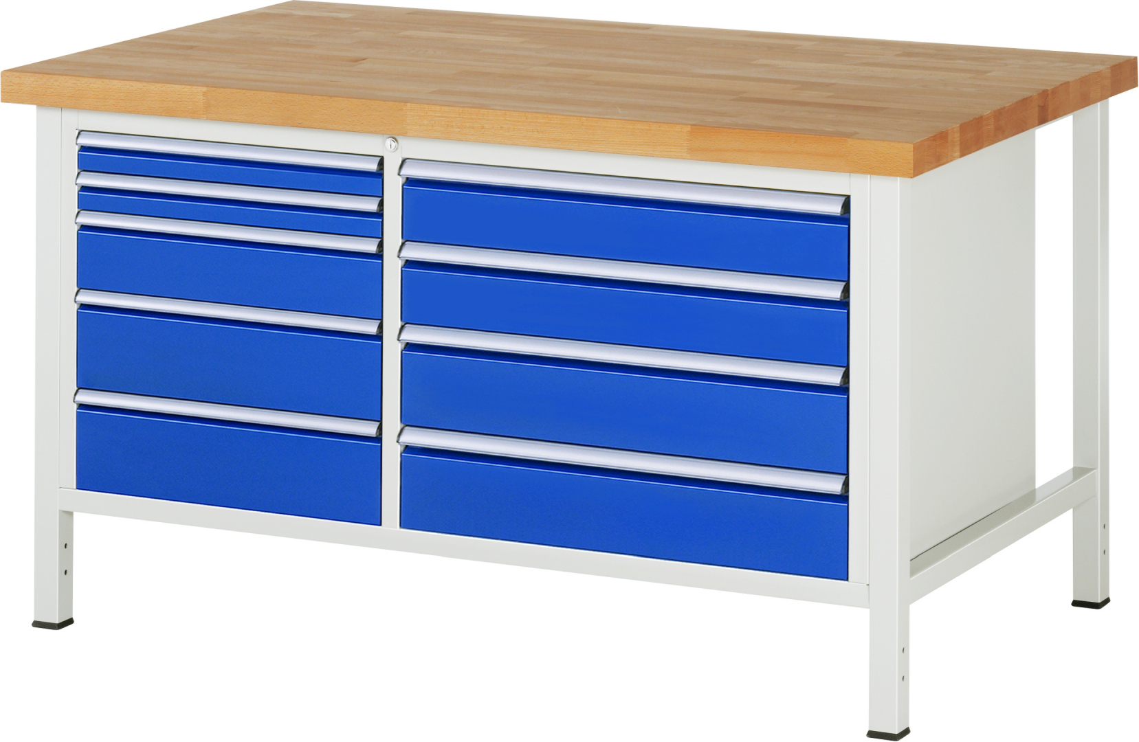 Werkbank Modell 8655 rot, BxTxH 1500x900x840 mm,  Buche-Massiv Arbeitsplatte 40 mm,  9 Schubladen mit  Auszug 90 %