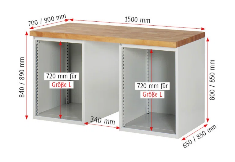 Werkbank Modell 7820,  BxTxH 1500x900x840 mm,  Buche-Massiv Arbeitsplatte 40 mm,  8 Schubladen mit  Auszug 90 %