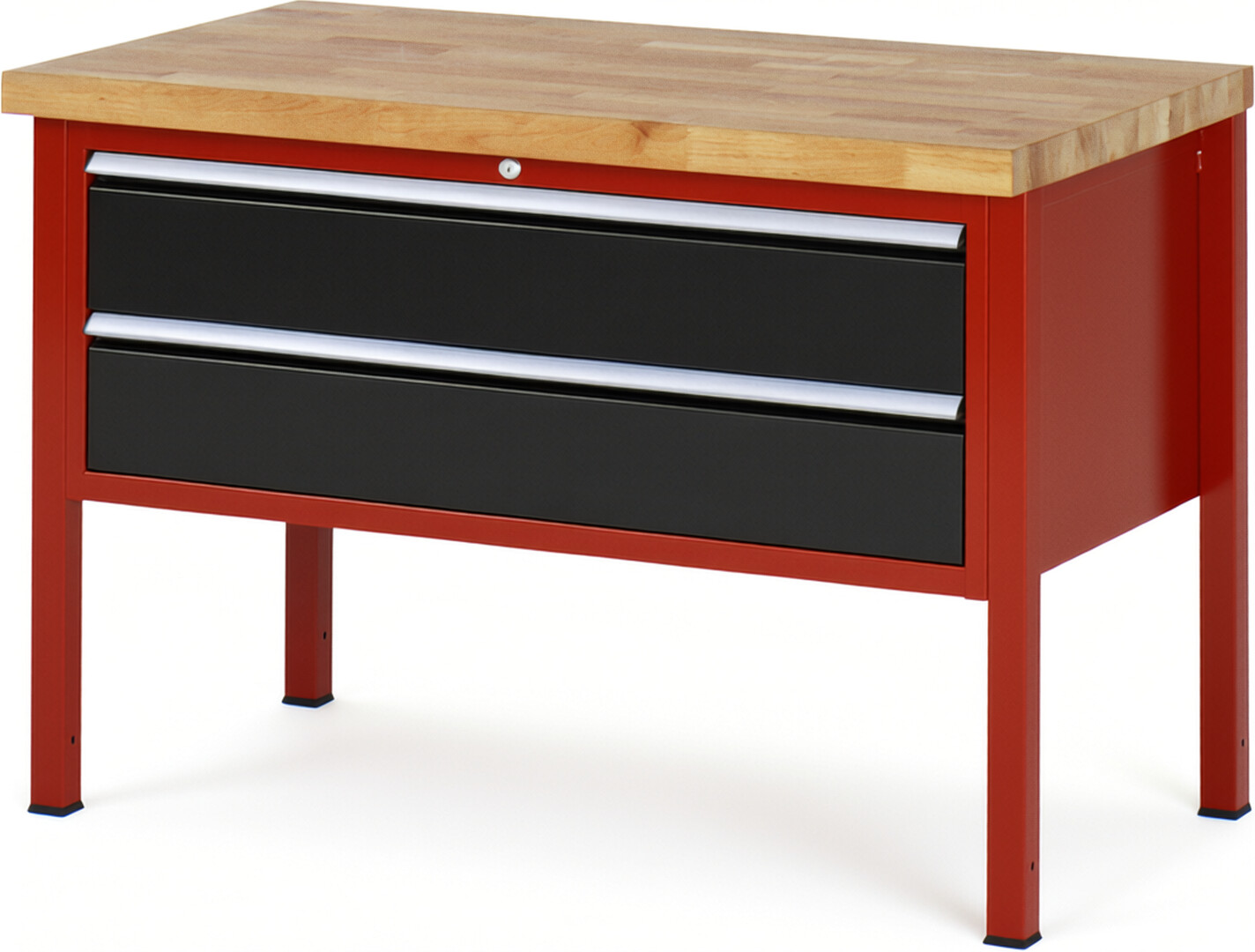 Werkbank Modell 8325 rot - schwarz, BxTxH 1250x700x840-1040 mm,  Buche-Massiv Arbeitsplatte 40 mm,  2 Schubladen mit  Auszug 90 %