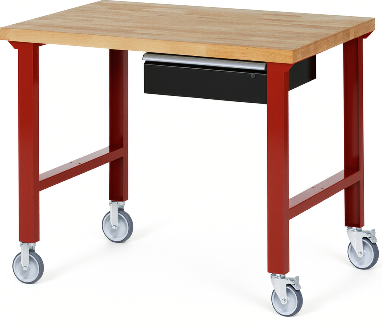 Fahrbare Werkbank Modell 7001 rot - schwarz, BxTxH 1250x900x1000 mm,  Buche-Massiv Arbeitsplatte 40 mm,  1 Schublade mit  Auszug 90 %