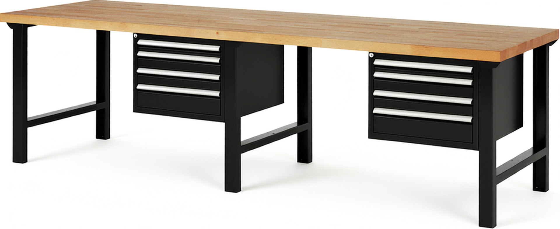 Werkbank Modell 7132 schwarz, BxTxH 3000x900x840 mm,  Buche-Massiv Arbeitsplatte 40 mm,  8 Schubladen mit  Auszug 90 %