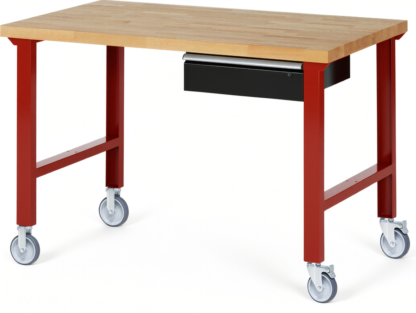 RAU Werkbank rot - schwarz - Breite 150 cm - Tiefe 90 cm - Höhe 100 cm - Buche-Massiv Arbeitsplatte 40 mm