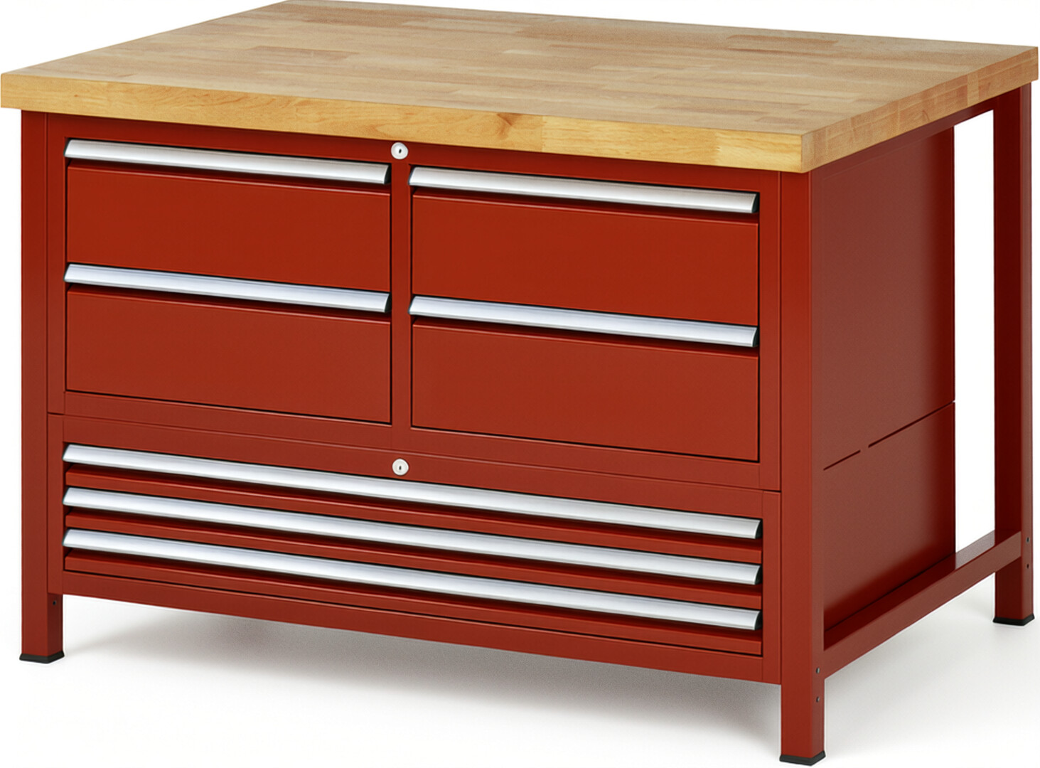 Werkbank Modell 8934 rot, BxTxH 1250x900x840 mm,  Buche-Massiv Arbeitsplatte 40 mm,  7 Schubladen mit  Auszug 90 %