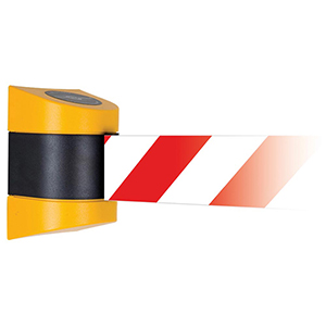 Wandkassette mit Rollgurt, Wandfixierung inkl. Wandanschluss, Gehäuse Kunststoff Gelb, Gurt 4,60 m, rot/weiß