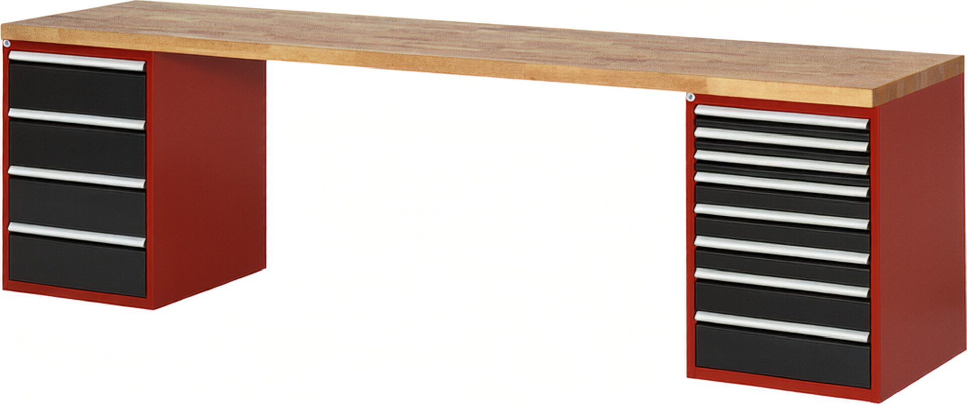 RAU Werkbank rot - schwarz - Breite 300 cm - Tiefe 70 cm - Höhe 89 cm - Buche-Massiv Arbeitsplatte 40 mm