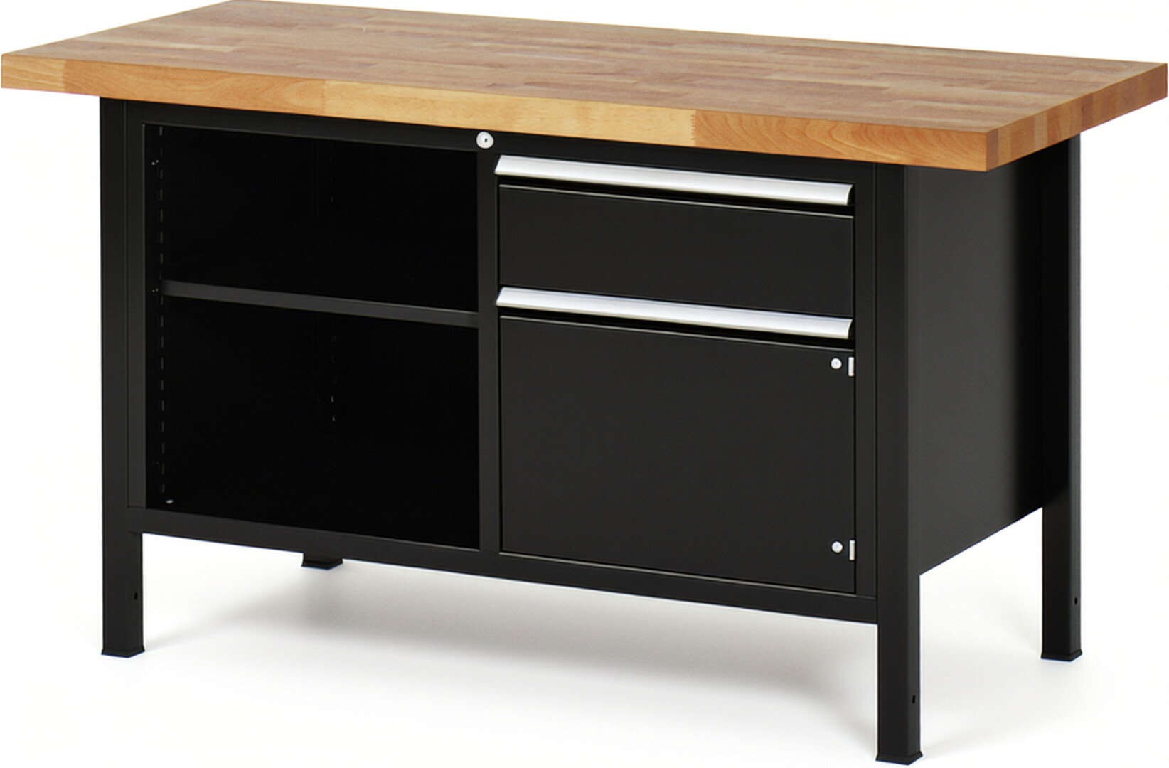 Werkbank Modell 8461 schwarz, BxTxH 1500x700x840-1040 mm,  Buche-Massiv Arbeitsplatte 40 mm,  1 Schublade mit  Vollauszug 100 % und  SoftClosing