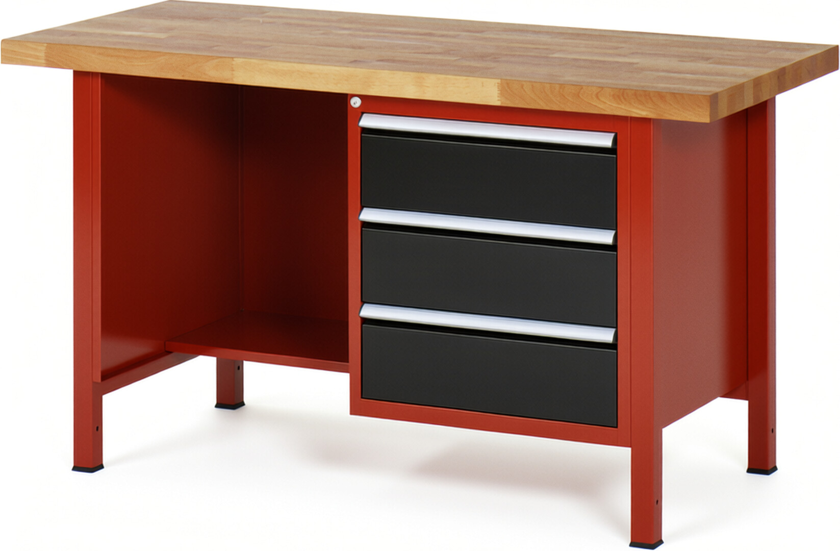 Werkbank Modell 8452 rot - schwarz, BxTxH 1500x700x840 mm,  Buche-Massiv Arbeitsplatte 40 mm,  3 Schubladen mit  Vollauszug 100 % und  SoftClosing