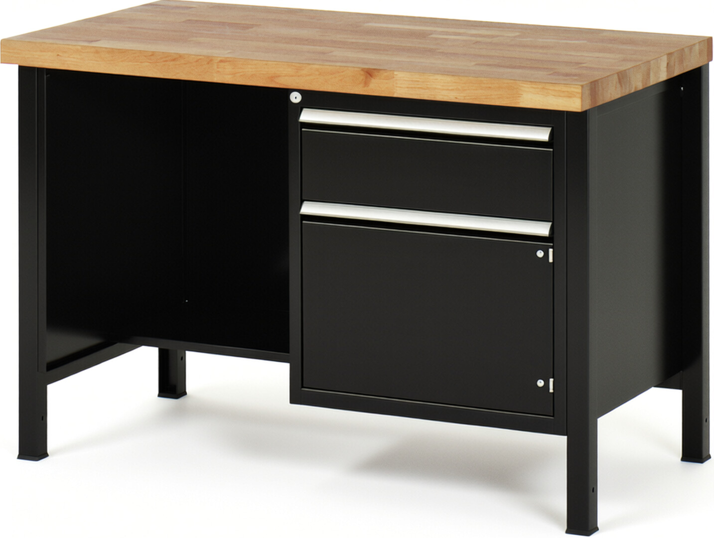 RAU Werkbank schwarz - Breite 125 cm - Tiefe 70 cm - Höhe 84 cm - Buche-Massiv Arbeitsplatte 40 mm