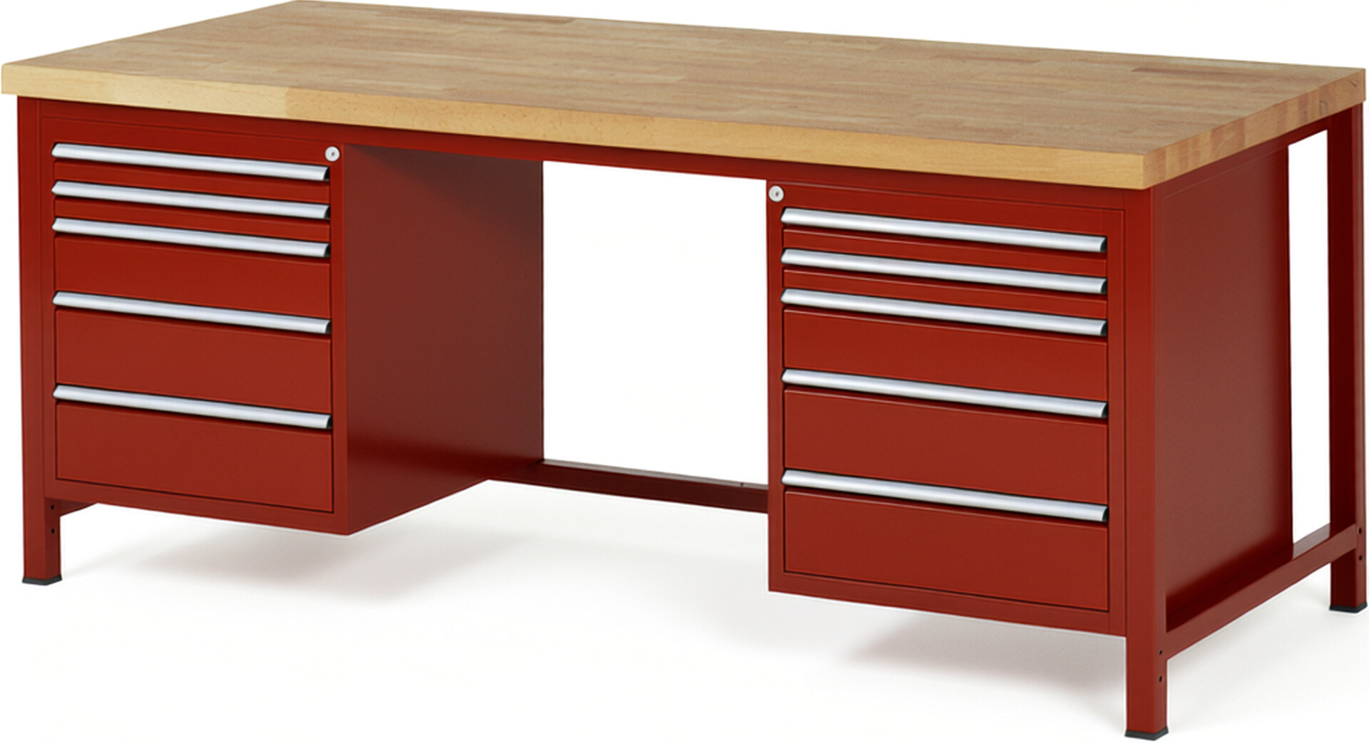 Werkbank Modell 8184 rot, BxTxH 2000x900x840-1040 mm,  Buche-Massiv Arbeitsplatte 40 mm,  10 Schubladen mit  Vollauszug 100 % und  SoftClosing