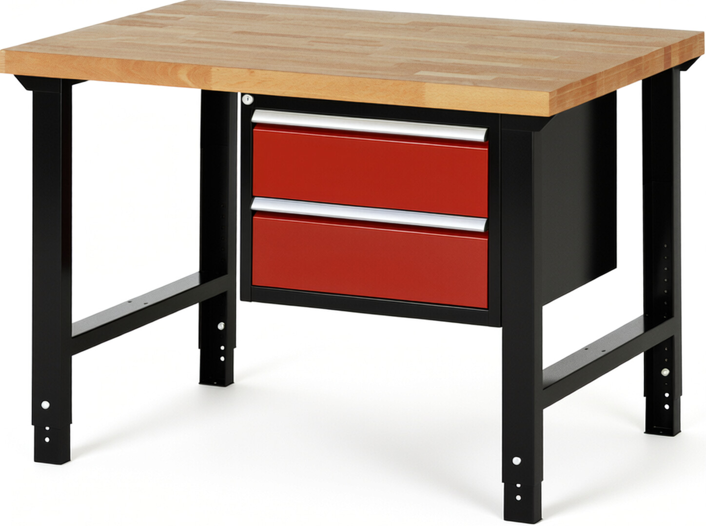 RAU Werkbank schwarz - rot - Breite 125 cm - Tiefe 90 cm - Höhe 114 cm - Buche-Massiv Arbeitsplatte 40 mm