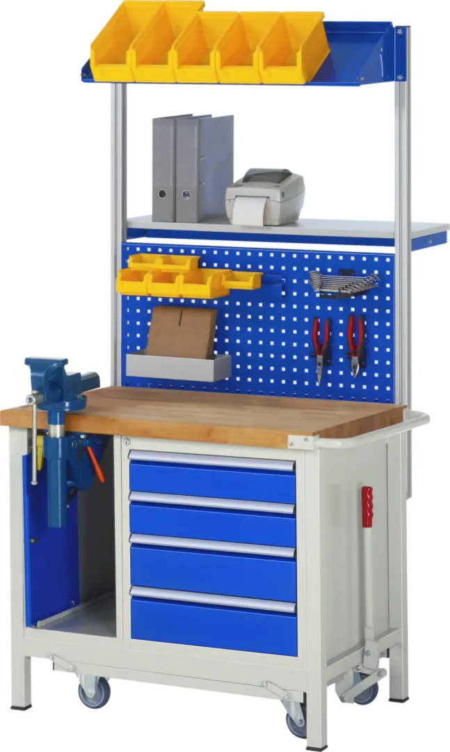 Absenkbare Werkbank Modell 8181 rot, BxTxH 1000x700x880 mm,  Buche-Massiv Arbeitsplatte 40 mm,  1 Schublade mit  Vollauszug 100 % und  SoftClosing