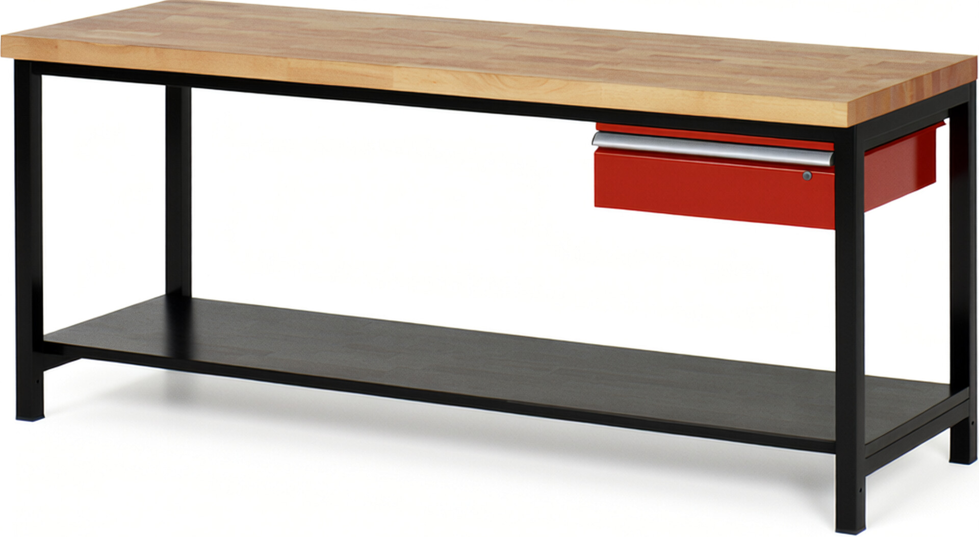 RAU Werkbank schwarz - rot - Breite 200 cm - Tiefe 70 cm - Höhe 104 cm - Buche-Massiv Arbeitsplatte 40 mm