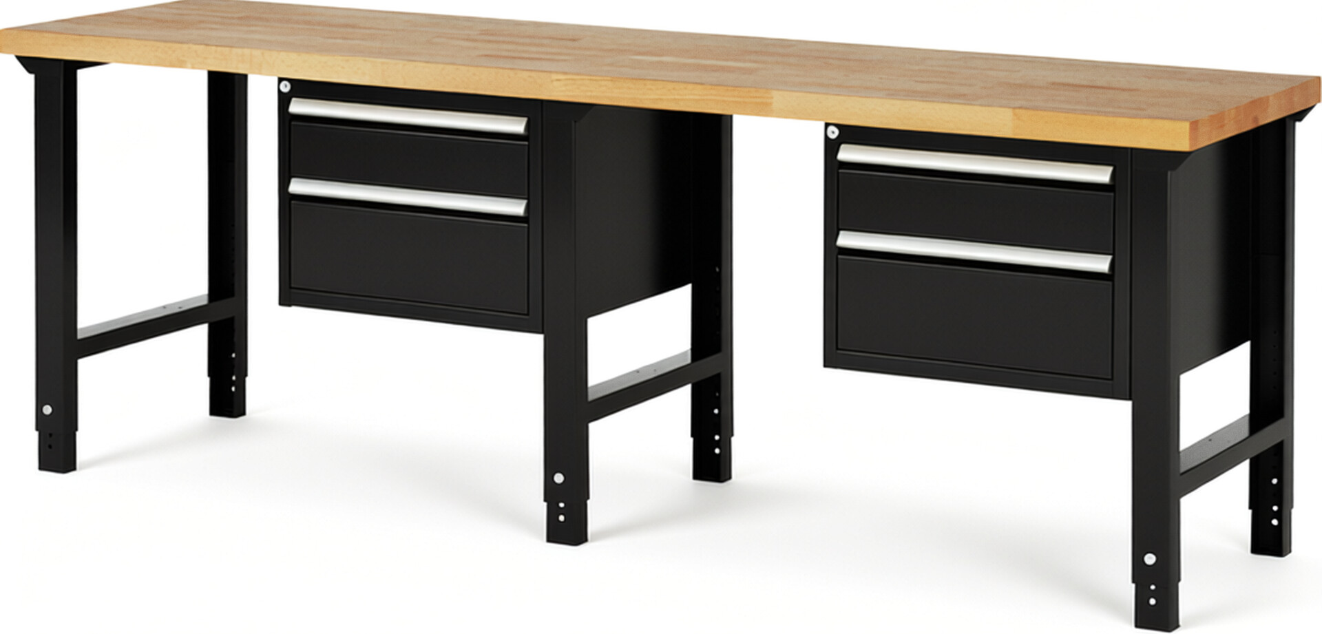 Werkbank Modell 7123 schwarz, BxTxH 2500x700x790-1140 mm,  Buche-Massiv Arbeitsplatte 40 mm,  4 Schubladen mit  Vollauszug 100 % und  SoftClosing