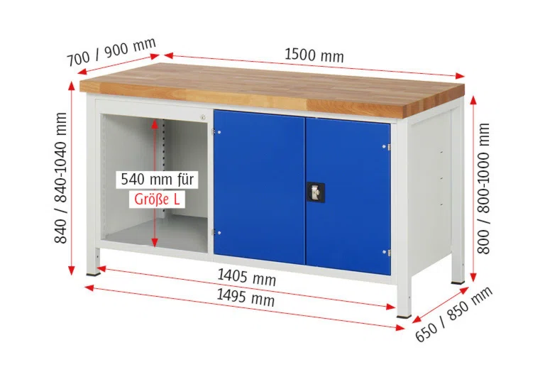 Werkbank Modell 8904 schwarz-rot, BxTxH 1500x900x840-1040 mm,  Buche-Massiv Arbeitsplatte 40 mm,  3 Schubladen mit  Auszug 90 %