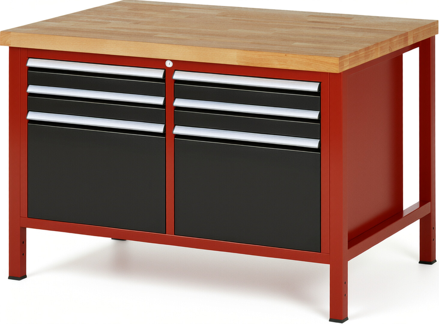 Werkbank Modell 8474 rot - schwarz, BxTxH 1250x900x840 mm,  Buche-Massiv Arbeitsplatte 40 mm,  6 Schubladen mit  Vollauszug 100 % und  SoftClosing