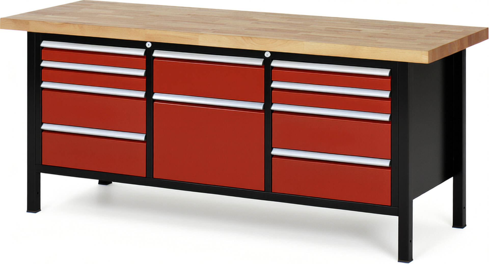 RAU Werkbank schwarz - rot - Breite 200 cm - Tiefe 70 cm - Höhe 104 cm - Buche-Massiv Arbeitsplatte 40 mm