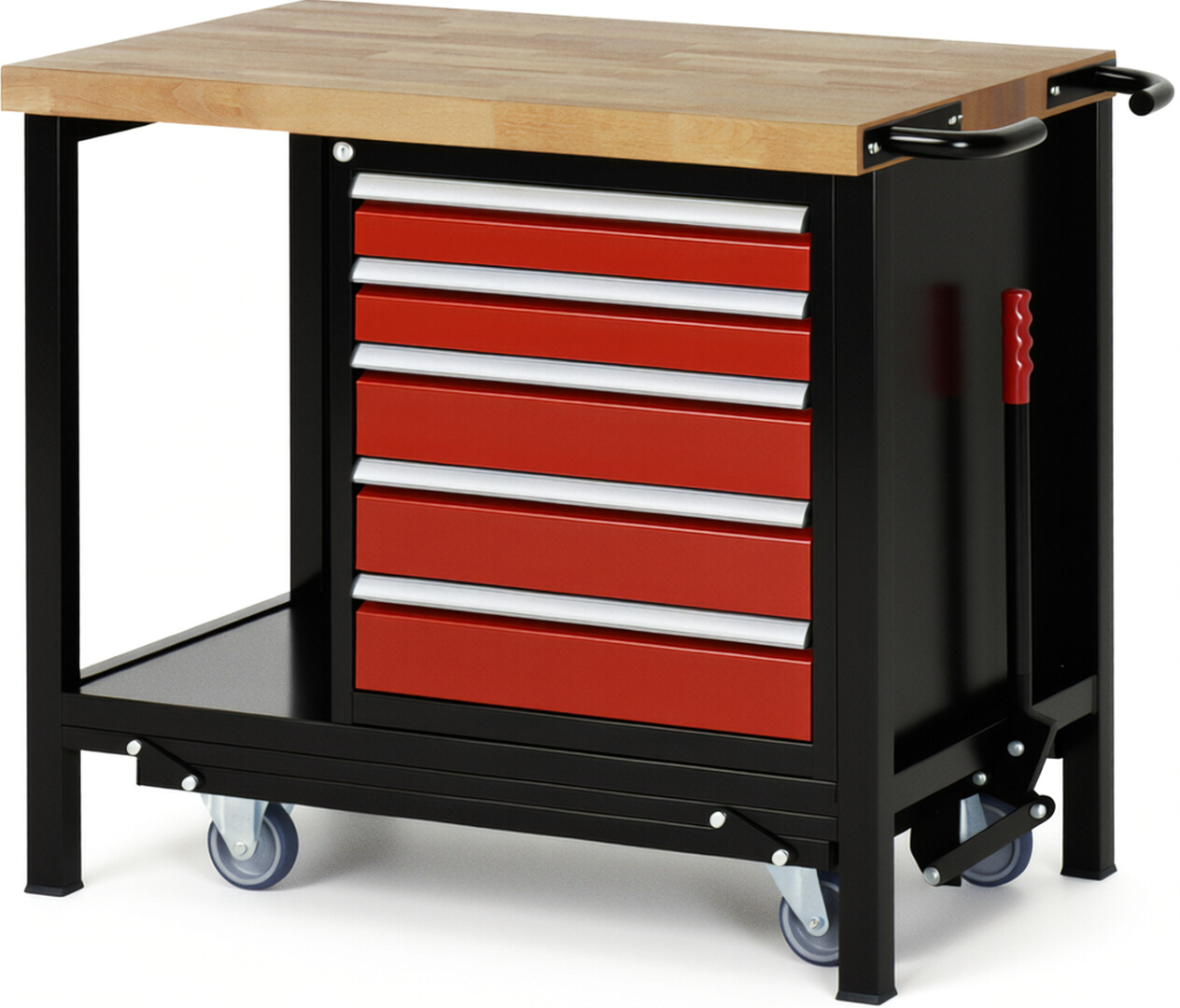 RAU Werkbank schwarz - rot - Breite 100 cm - Tiefe 70 cm - Höhe 88 cm - Buche-Massiv Arbeitsplatte 40 mm