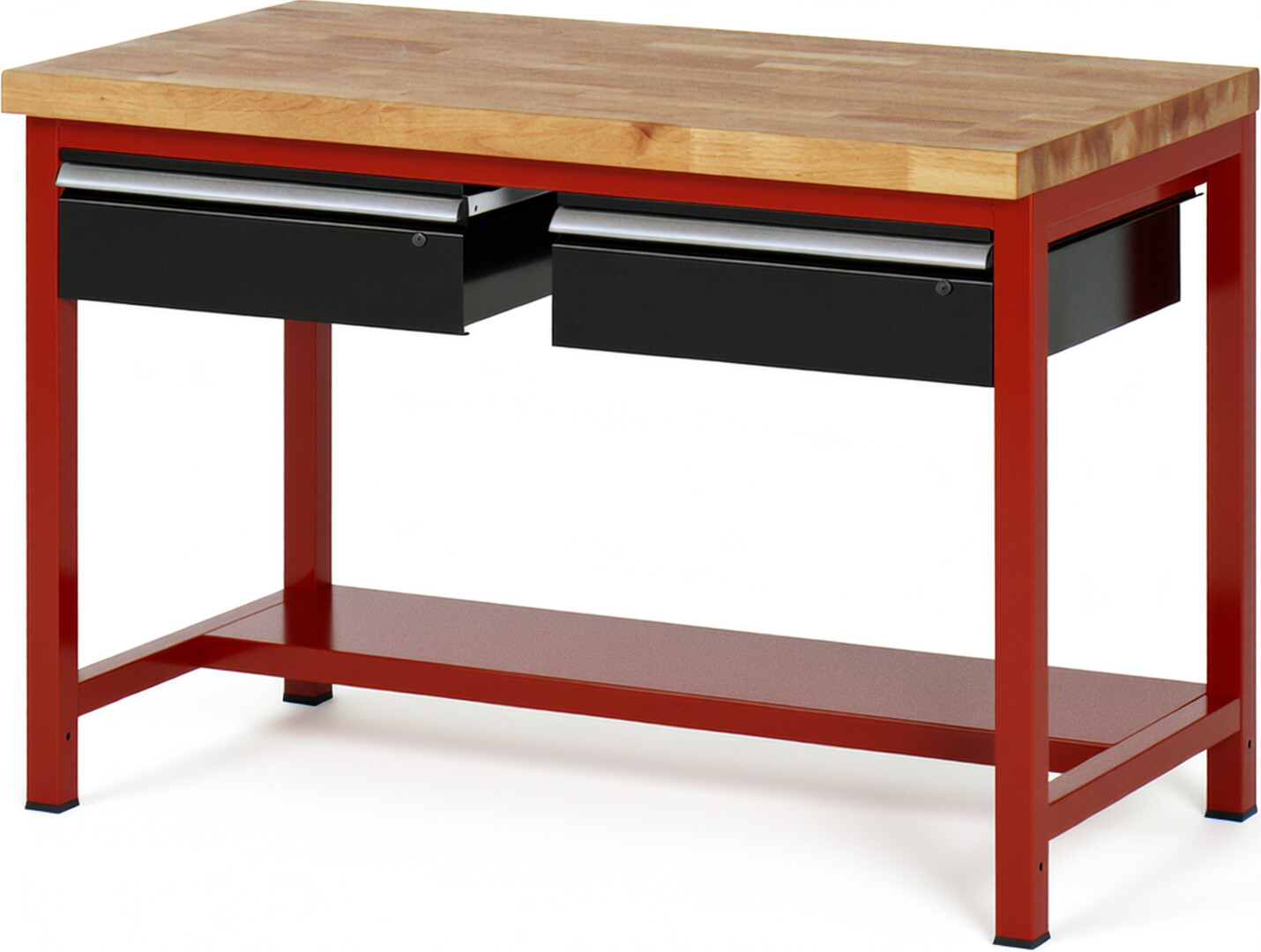 Werkbank Modell 8002 rot - schwarz, BxTxH 1250x900x840 mm,  Buche-Massiv Arbeitsplatte 40 mm,  2 Schubladen mit  Auszug 90 %