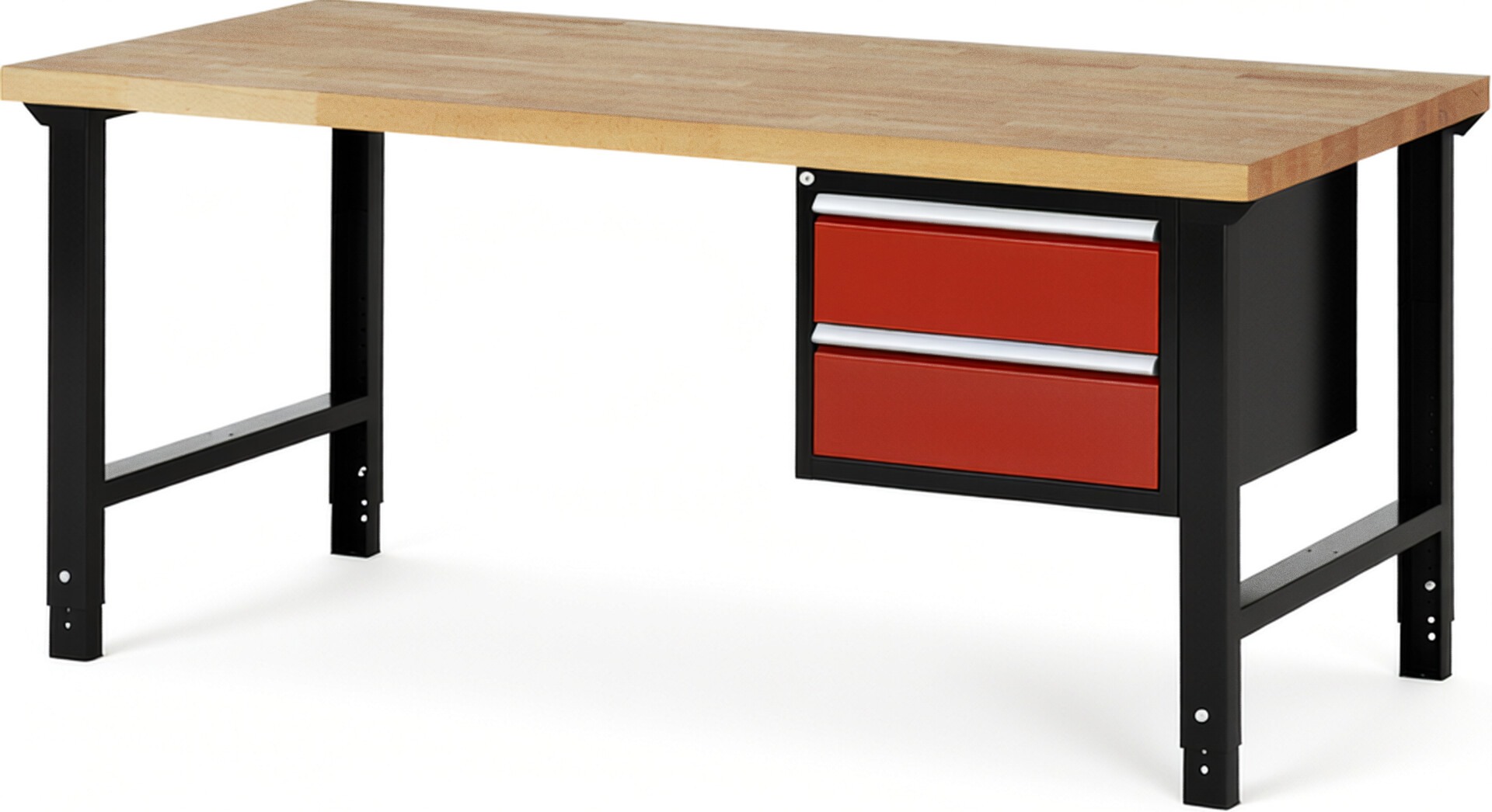 RAU Werkbank schwarz - rot - Breite 200 cm - Tiefe 90 cm - Höhe 114 cm - Buche-Massiv Arbeitsplatte 40 mm