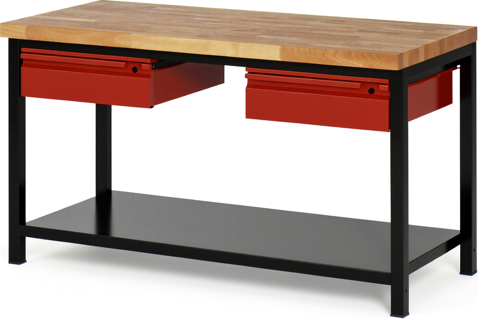 RAU Werkbank schwarz - rot - Breite 150 cm - Tiefe 70 cm - Höhe 104 cm - Buche-Massiv Arbeitsplatte 40 mm