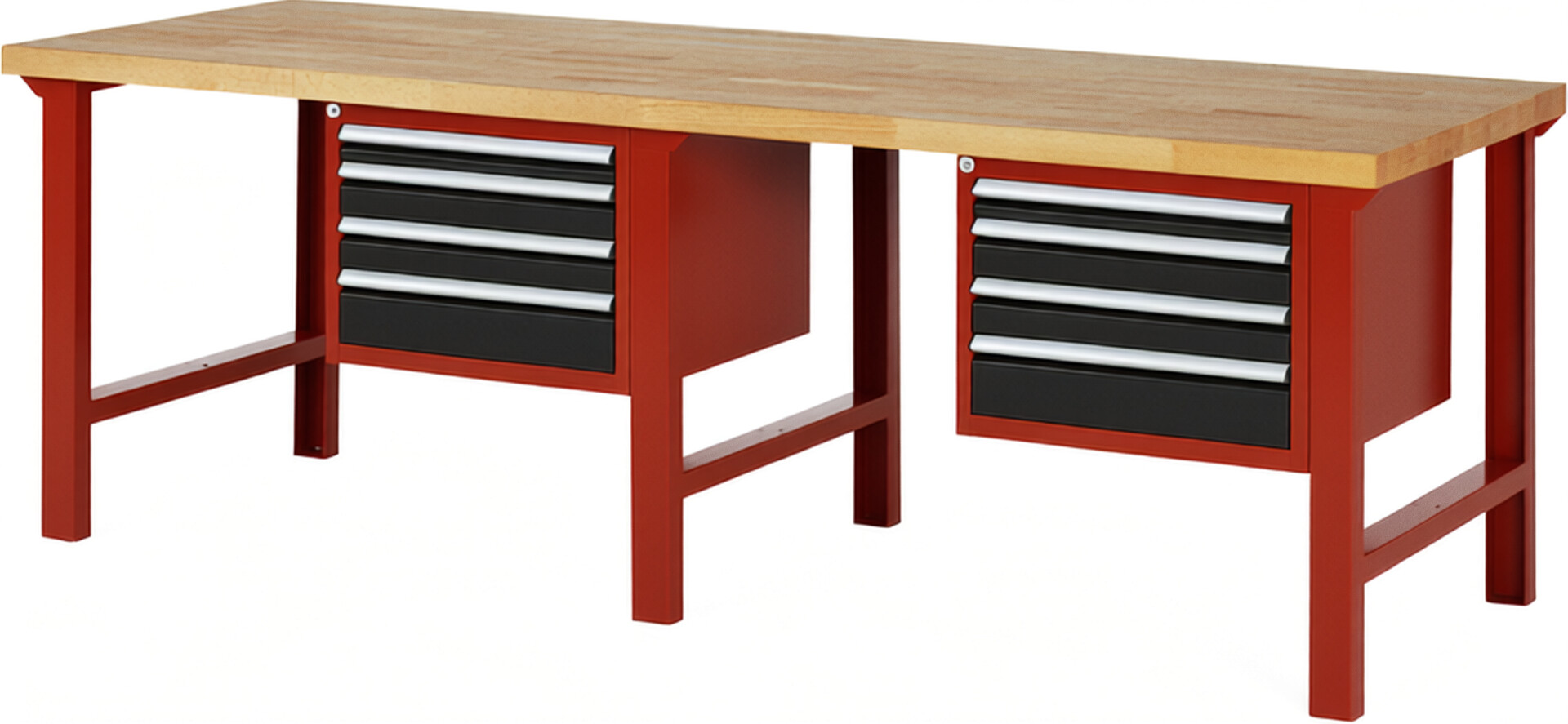Werkbank Modell 7132 rot - schwarz, BxTxH 2500x900x840 mm,  Buche-Massiv Arbeitsplatte 40 mm,  8 Schubladen mit  Vollauszug 100 % und  SoftClosing