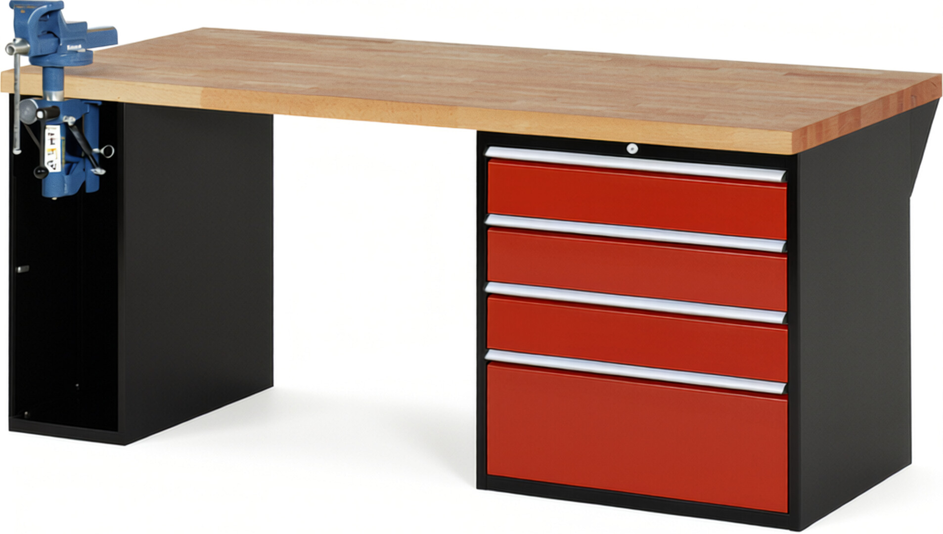 RAU Werkbank schwarz - rot - Breite 200 cm - Tiefe 90 cm - Höhe 89 cm - Buche-Massiv Arbeitsplatte 40 mm