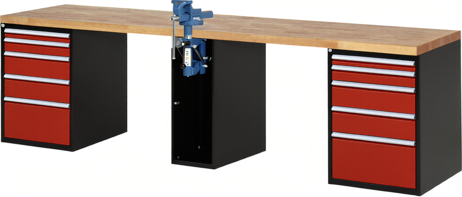 Werkbank Modell 7511 schwarz-rot, BxTxH 3000x700x890 mm,  Buche-Massiv Arbeitsplatte 40 mm,  10 Schubladen mit  Vollauszug 100 % und  SoftClosing