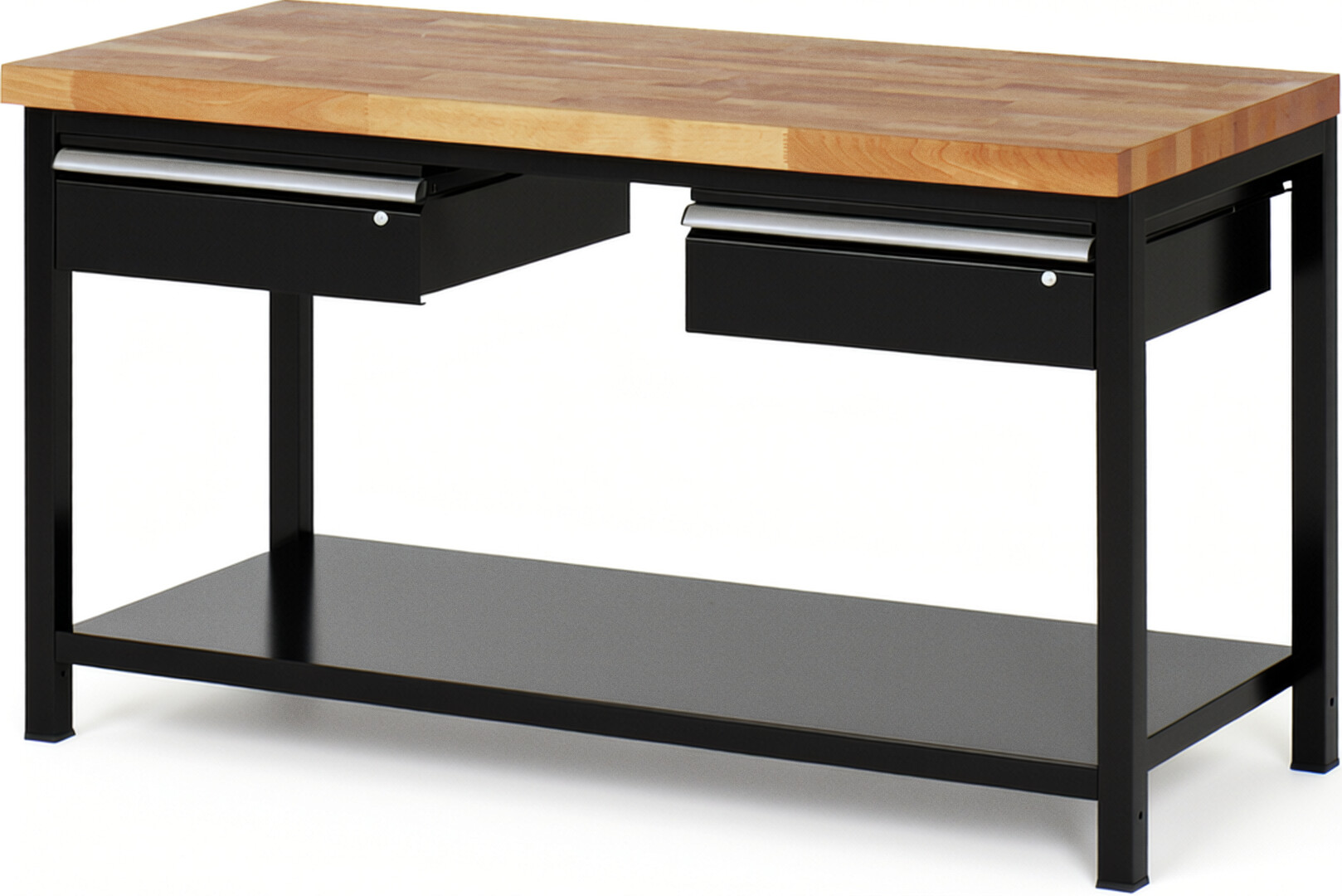 Werkbank Modell 8002 schwarz, BxTxH 1500x700x840 mm,  Buche-Massiv Arbeitsplatte 40 mm,  2 Schubladen mit  Auszug 90 %