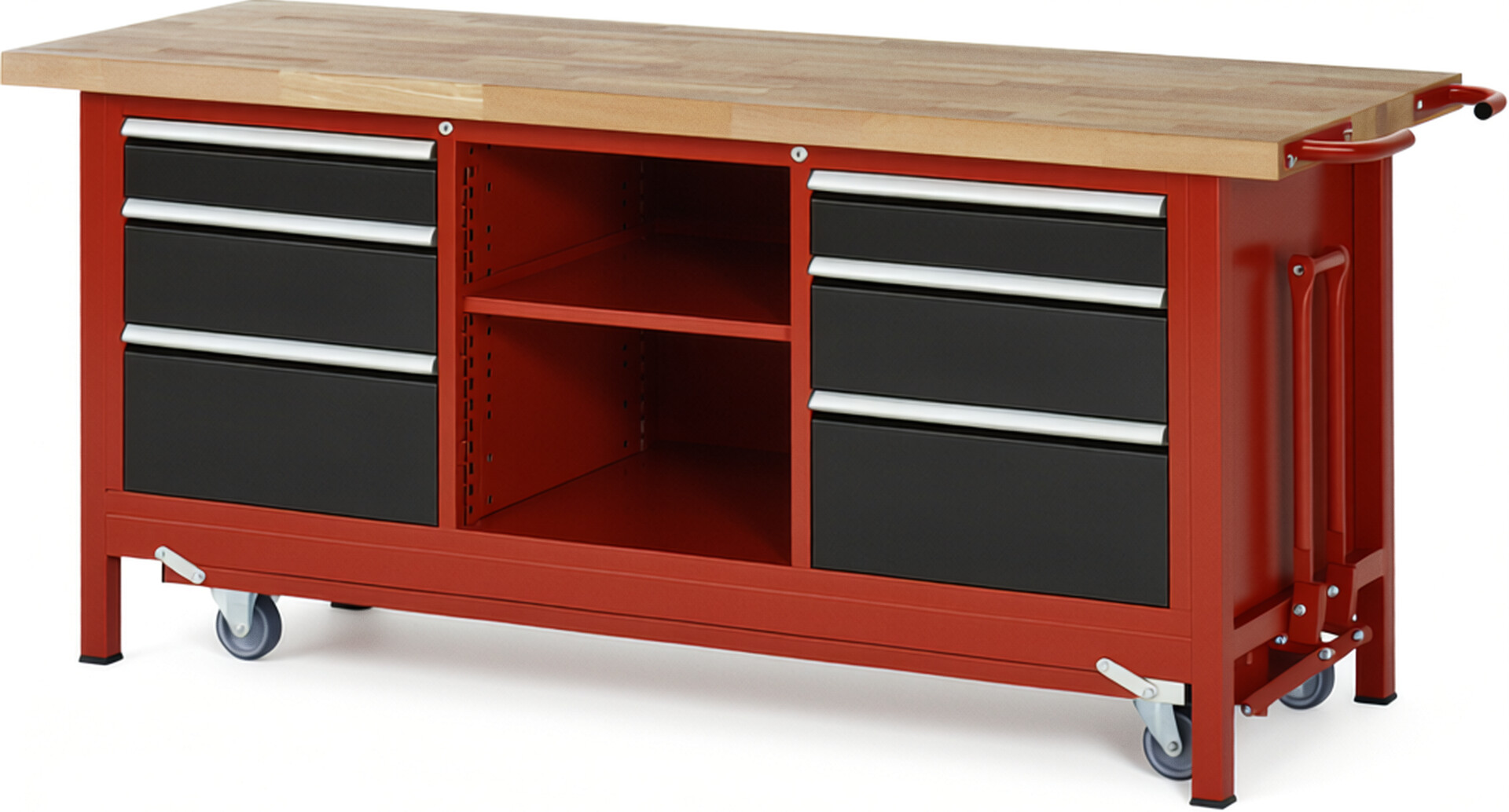 Absenkbare Werkbank Modell 8564 rot - schwarz, BxTxH 2000x700x880 mm,  Buche-Massiv Arbeitsplatte 40 mm,  6 Schubladen mit  Auszug 90 %