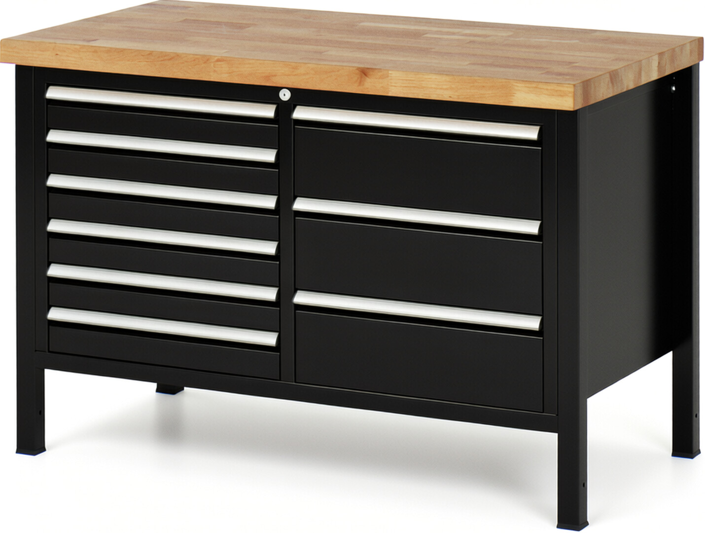 Werkbank Modell 8479 schwarz, BxTxH 1250x700x840 mm,  Buche-Massiv Arbeitsplatte 40 mm,  9 Schubladen mit  Auszug 90 %