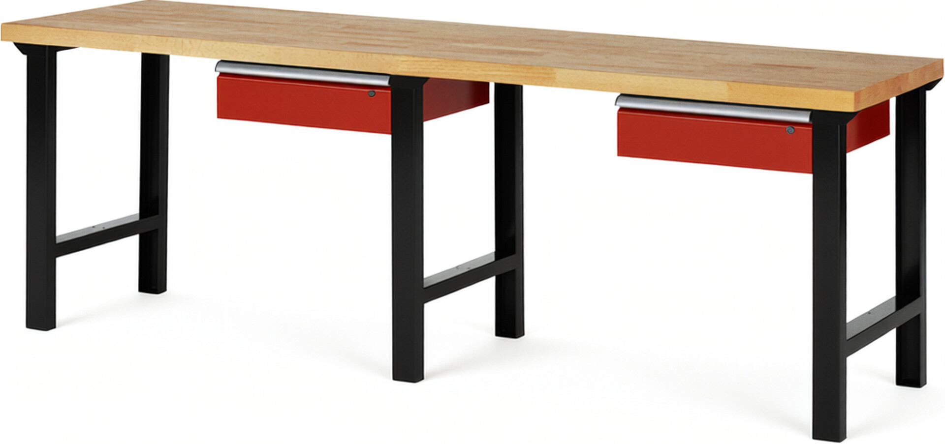 RAU Werkbank schwarz - rot - Breite 250 cm - Tiefe 70 cm - Höhe 84 cm - Buche-Massiv Arbeitsplatte 40 mm