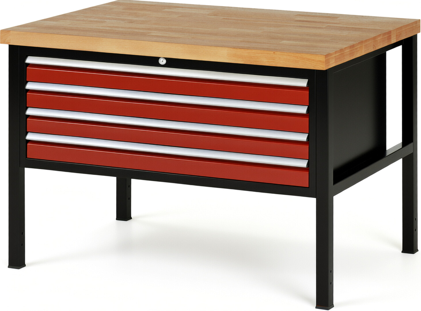 RAU Werkbank schwarz - rot - Breite 125 cm - Tiefe 90 cm - Höhe 104 cm - Buche-Massiv Arbeitsplatte 40 mm